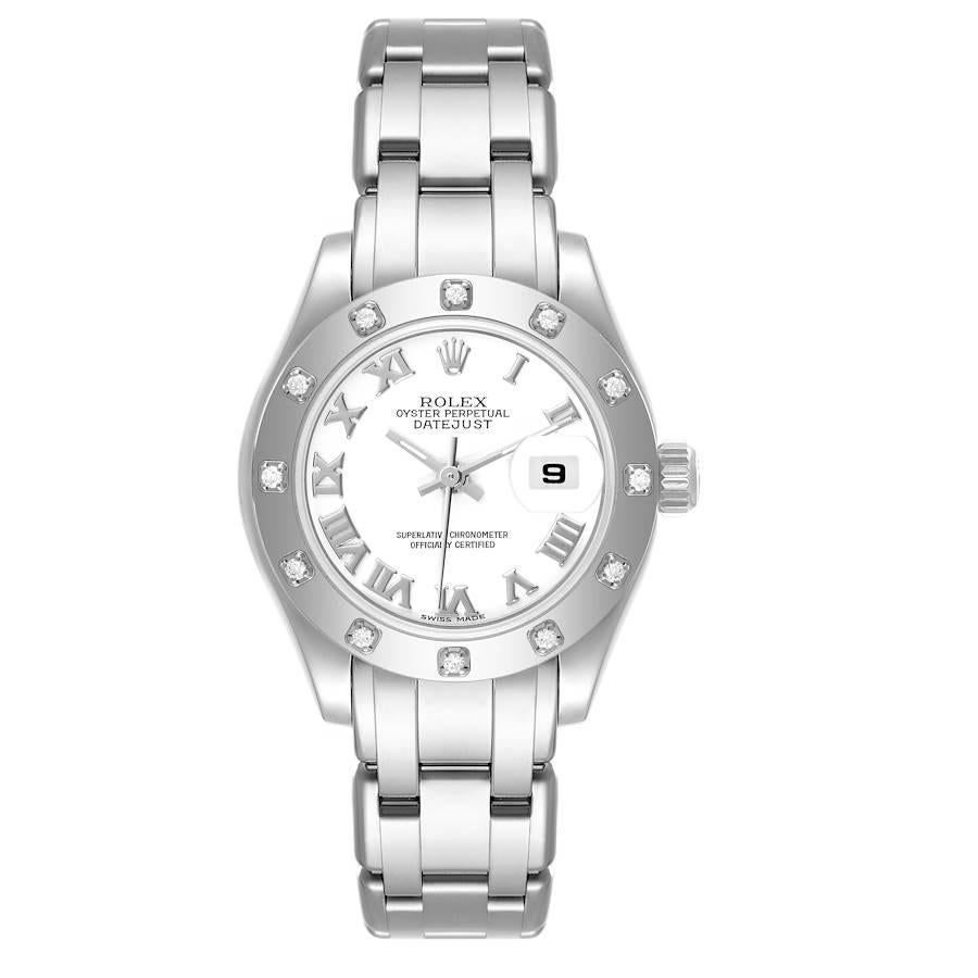 Rolex Pearlmaster White Gold Diamond Bezel Ladies Watch 80319 Box Papers. Officially certified chronometer self-winding movement with quickset date function. 18k white gold oyster case 29.0 mm in diameter. Rolex logo on a crown. 18k white gold bezel