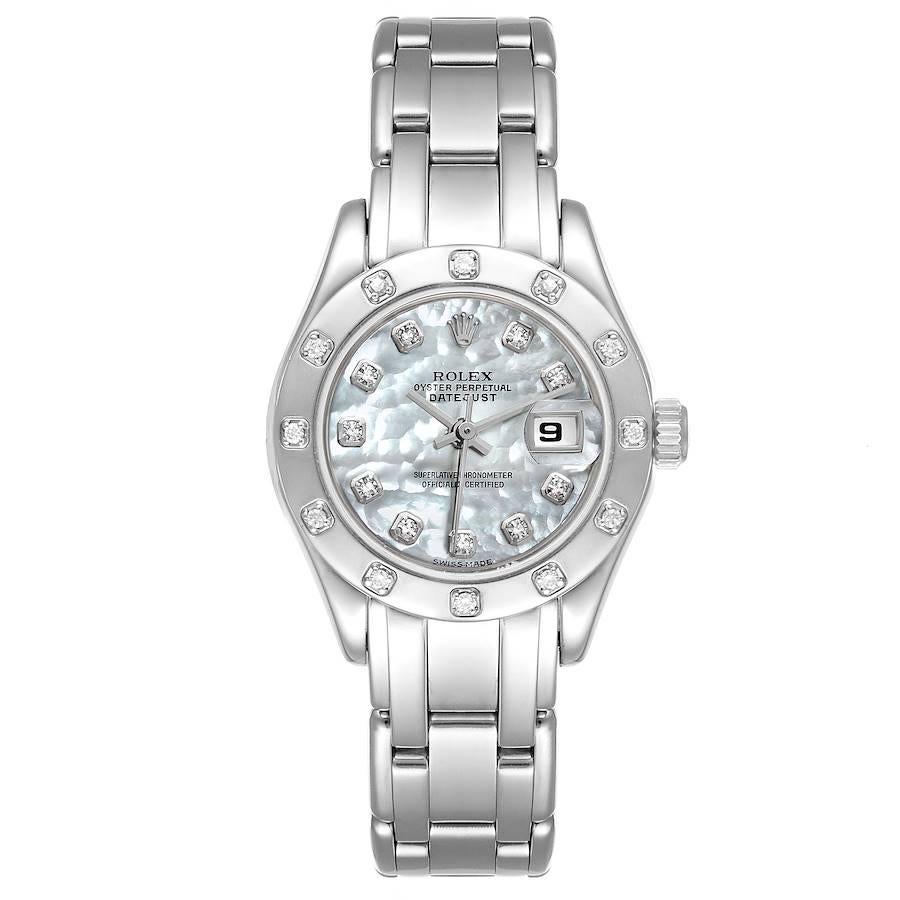 Rolex Pearlmaster White Gold MOP Dial Diamond Ladies Watch 69319. Officially certified chronometer self-winding movement with quickset date function. 18k white gold oyster case 29.0 mm in diameter. Rolex logo on a crown. Original Rolex factory