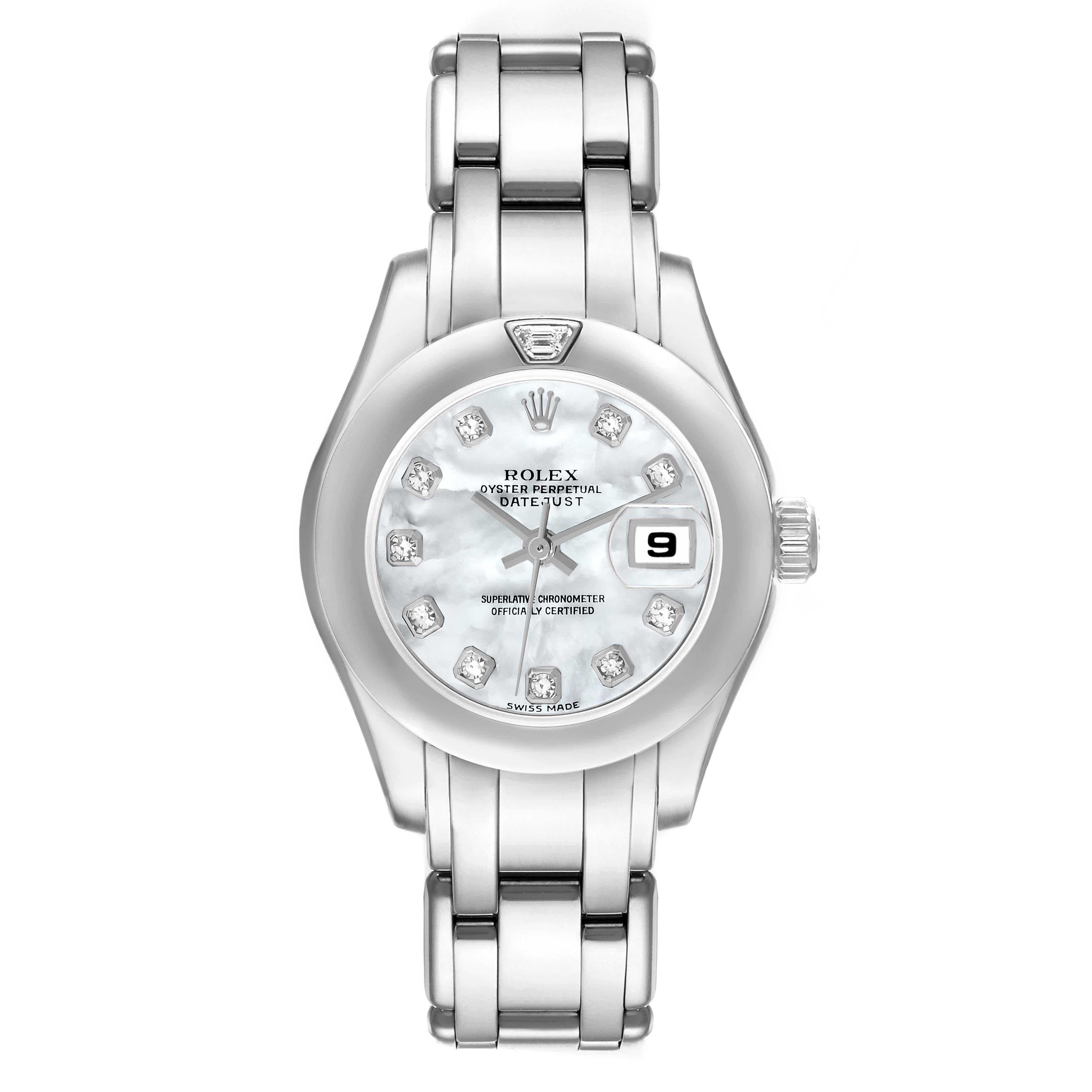 Rolex Pearlmaster White Gold MOP Diamond Dial Ladies Watch 69329. Officially certified chronometer self-winding movement. 18k white gold oyster case 29.0 mm in diameter. Rolex logo on a crown. 18k white gold smooth domed bezel with original Rolex
