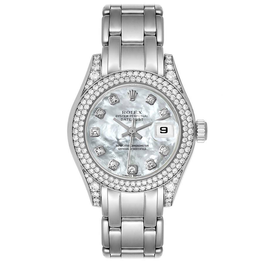 Rolex Pearlmaster White Gold MOP Diamond Ladies Watch 69359. Officially certified chronometer self-winding movement. 18k white gold oyster case 29.0 mm in diameter. Rolex logo on a crown. Original Rolex diamond lugs. Original Rolex factory diamond