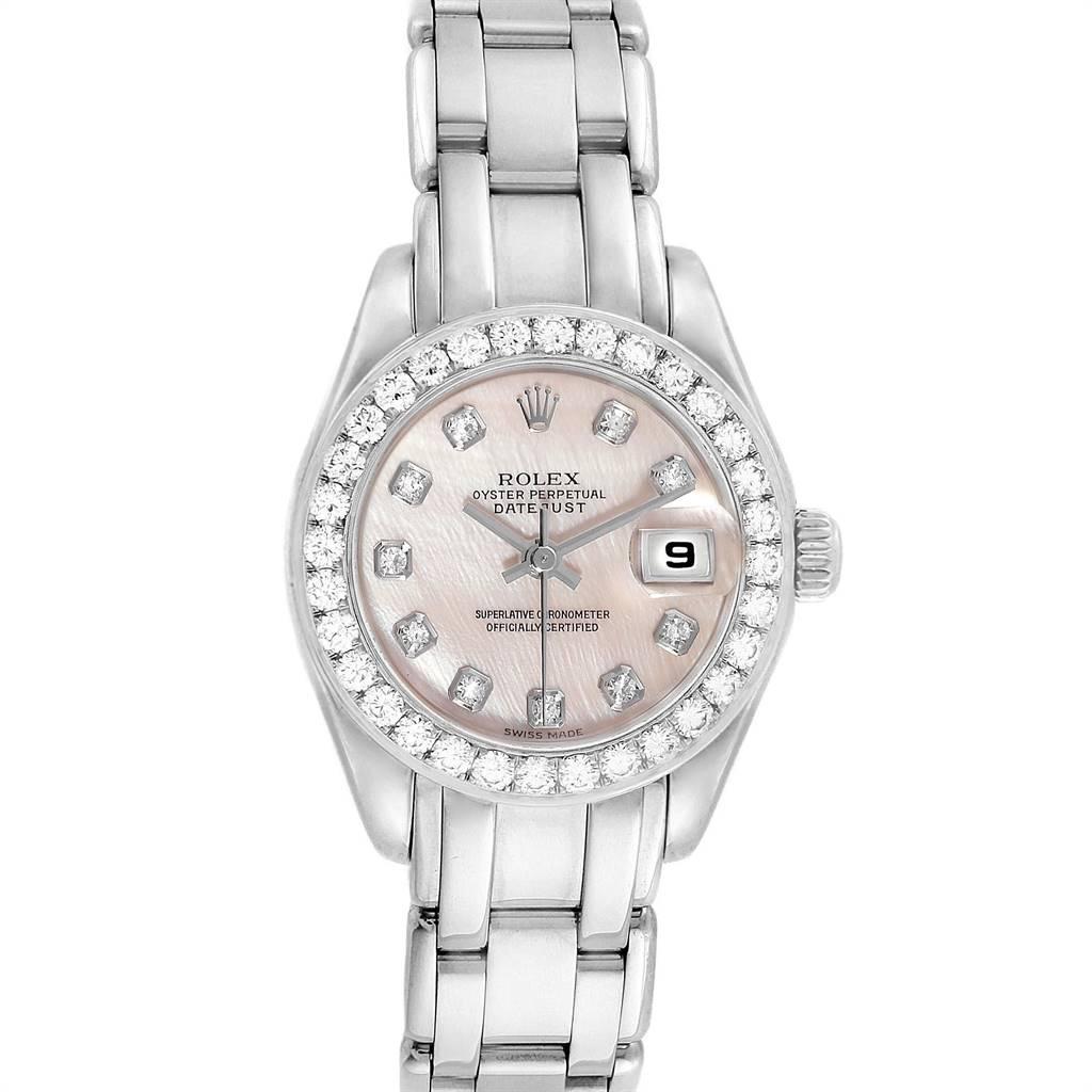 Rolex Pearlmaster White Gold MOP Diamond Ladies Watch 80299 Box Papers. Officially certified chronometer automatic self-winding movement. 18k white gold oyster case 29.0 mm in diameter. Rolex logo on a crown. Original Rolex factory diamond bezel.