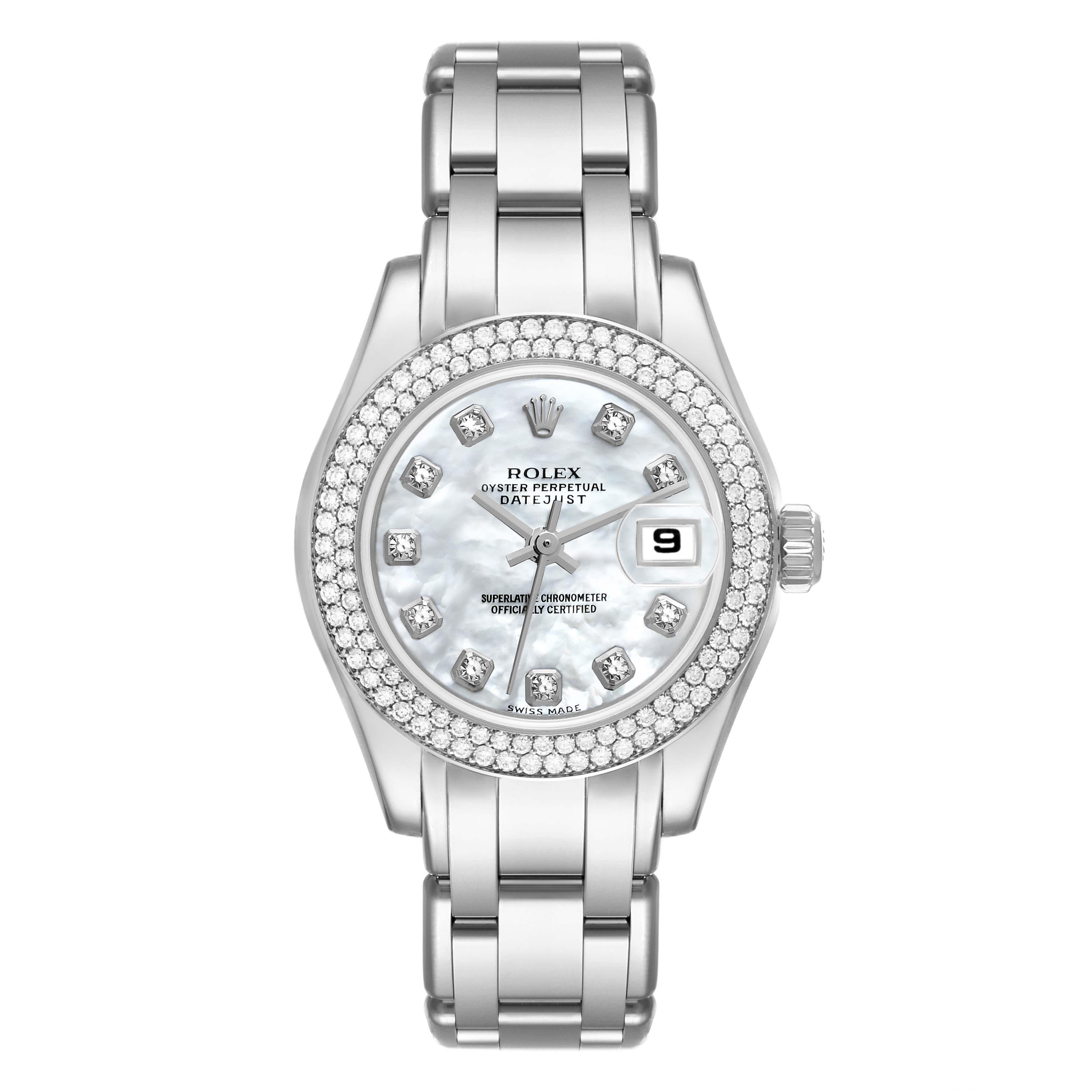 Rolex Pearlmaster White Gold MOP Diamond Ladies Watch 80339 Box Papers. Officially certified chronometer automatic self-winding movement. 18k white gold oyster case 29.0 mm in diameter. Rolex logo on the crown. Bezel set with two rows of original