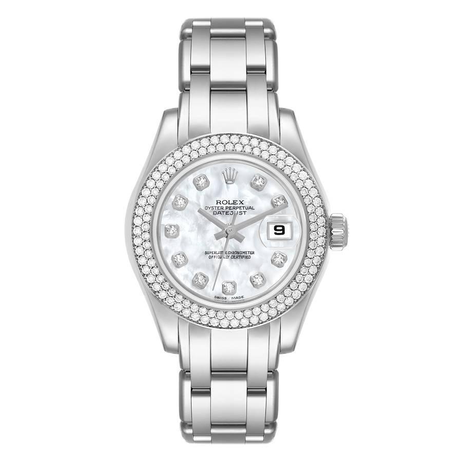 Rolex Pearlmaster White Gold Mother of Pearl Diamond Dial Ladies Watch 80339. Officially certified chronometer self-winding movement. 18k white gold oyster case 29.0 mm in diameter. Rolex logo on the crown. 18k white gold Pearlmaster bracelet with