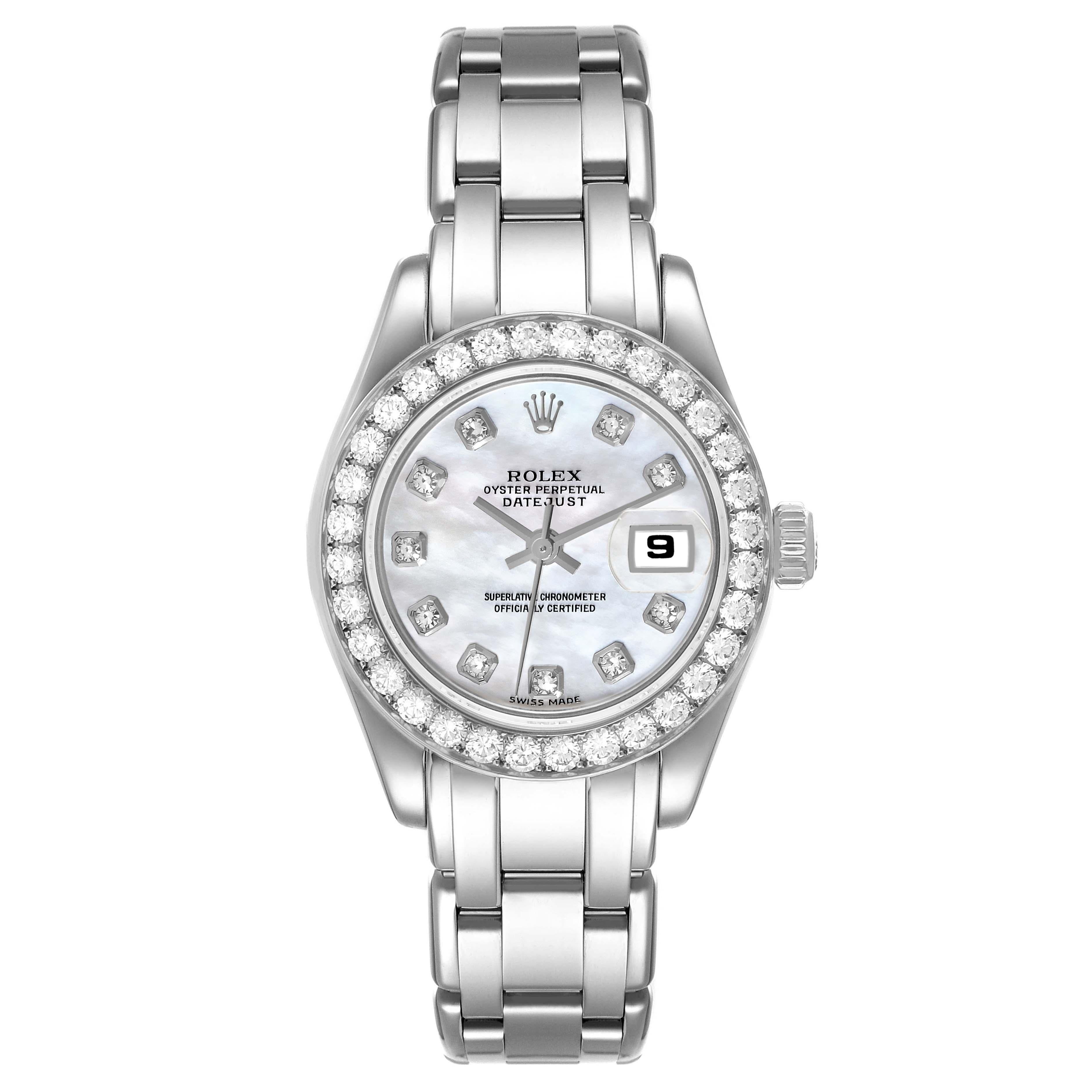 Rolex Pearlmaster White Gold Mother Of Pearl Diamond Ladies Watch 69299. Officially certified chronometer automatic self-winding movement with quickset date function. 18k white gold oyster case 29.0 mm in diameter. Rolex logo on a crown. Original