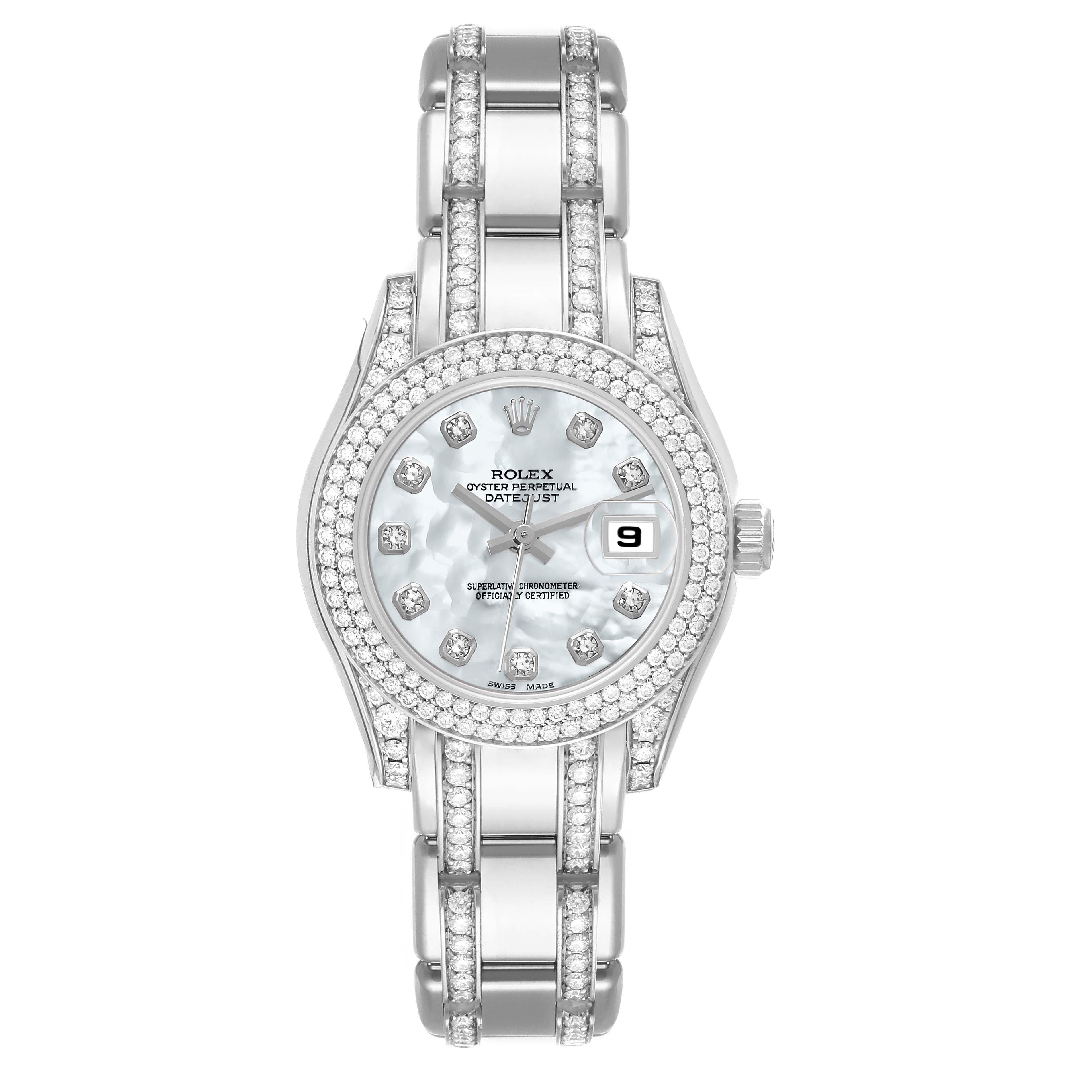 Rolex Pearlmaster White Gold Mother of Pearl Diamond Ladies Watch 80359 Unworn NOS. Officially certified chronometer self-winding movement. 18k white gold oyster case 29.0 mm in diameter. Rolex logo on a crown. Original Rolex factory diamond bezel.