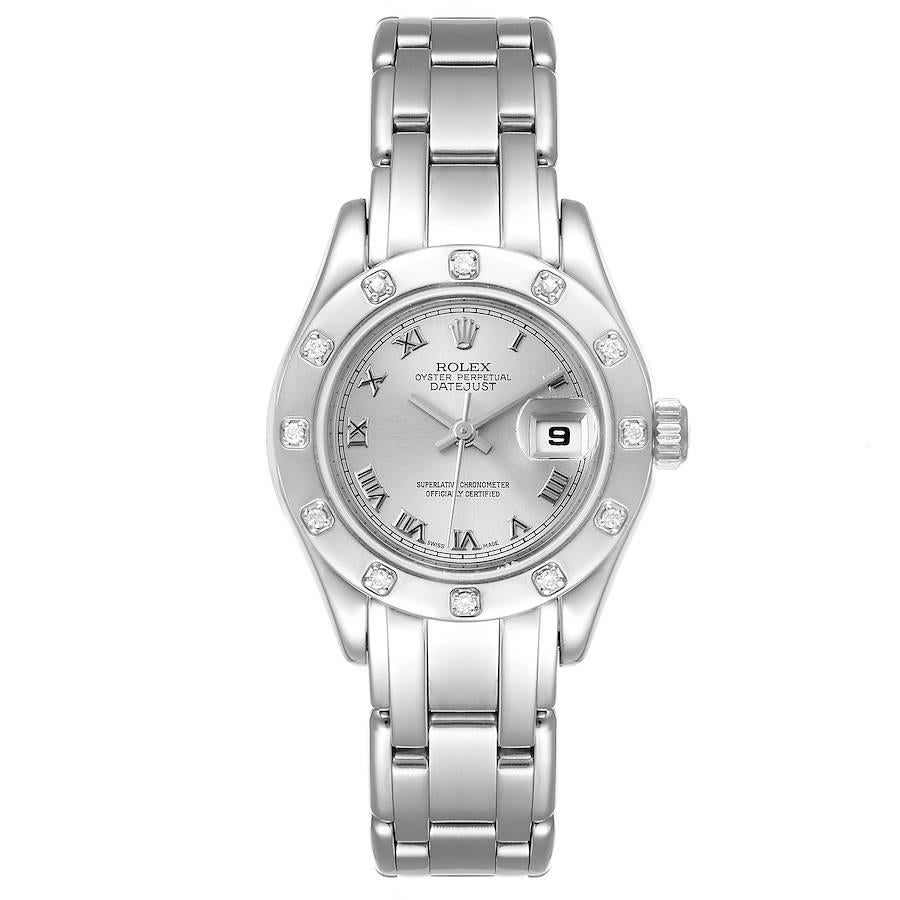 Rolex Pearlmaster White Gold Silver Dial Diamond Ladies Watch 69319. Officially certified chronometer self-winding movement with quickset date function. 18k white gold oyster case 29.0 mm in diameter. Rolex logo on a crown. Original Rolex factory