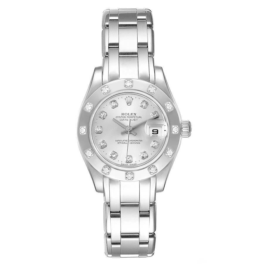 Rolex Pearlmaster White Gold Silver Dial Diamond Ladies Watch 80319. Officially certified chronometer self-winding movement with quickset date function. 18k white gold oyster case 29.0 mm in diameter. Rolex logo on a crown. 18k white gold diamond