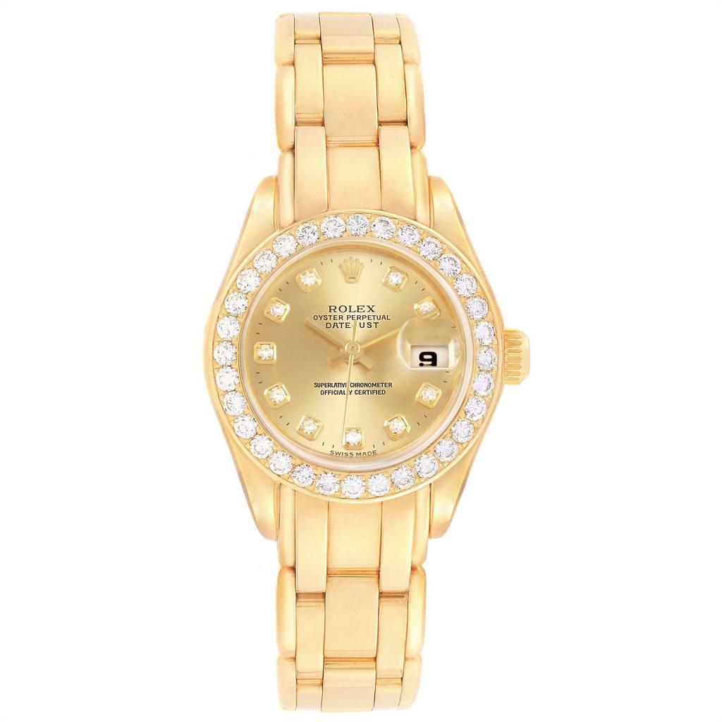 Rolex Pearlmaster 18K Yellow Gold MOP Diamond Dial Bezel Watch 69298. Officially certified chronometer self-winding movement with quickset date function. 18k yellow gold oyster case 29.0 mm in diameter. Rolex logo on a crown. Original Rolex factory