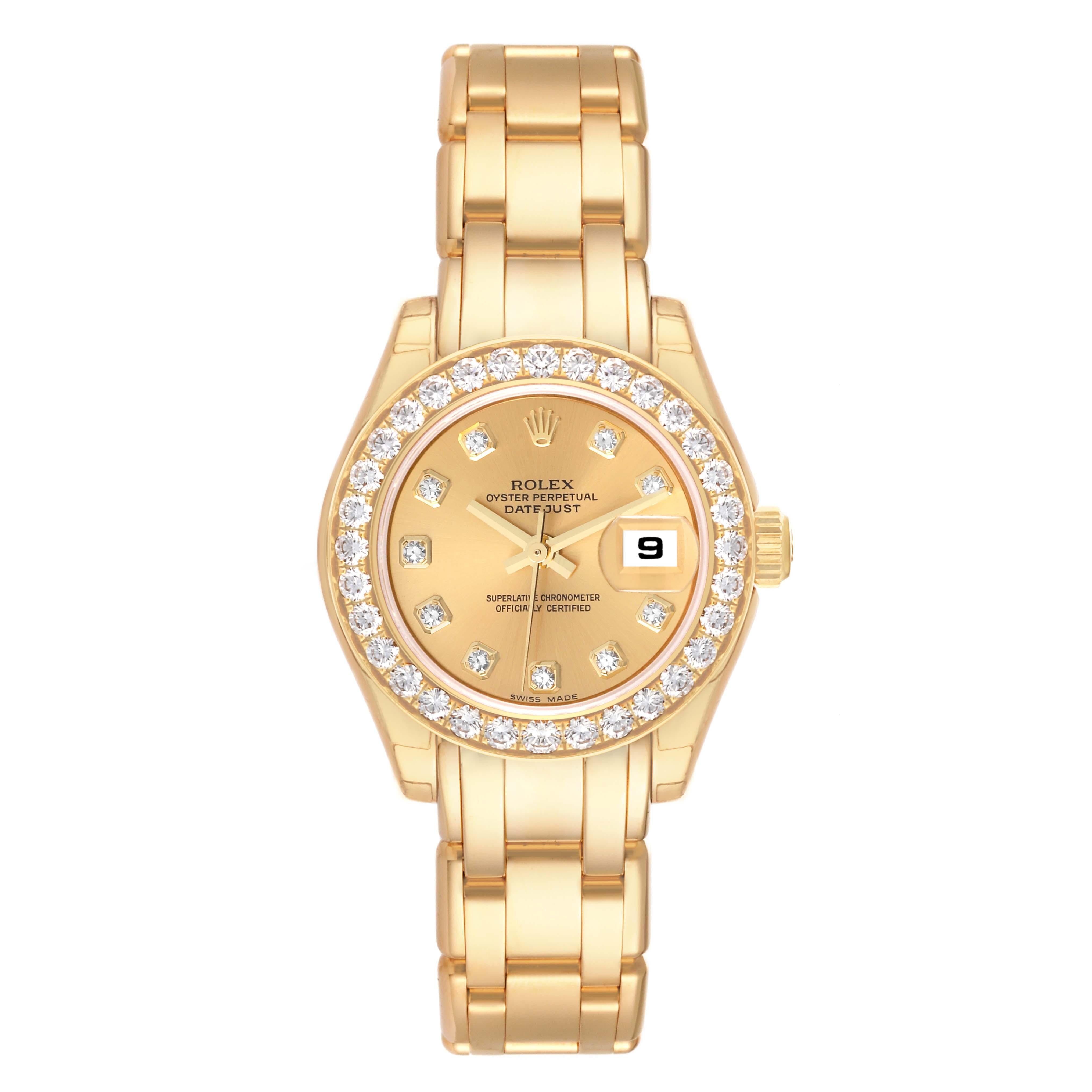 Rolex Pearlmaster Yellow Gold Diamond Ladies Watch 80298 Unworn NOS. Officially certified chronometer self-winding movement. 18k yellow gold oyster case 29.0 mm in diameter. Rolex logo on a crown. Original Rolex factory diamond bezel. Scratch
