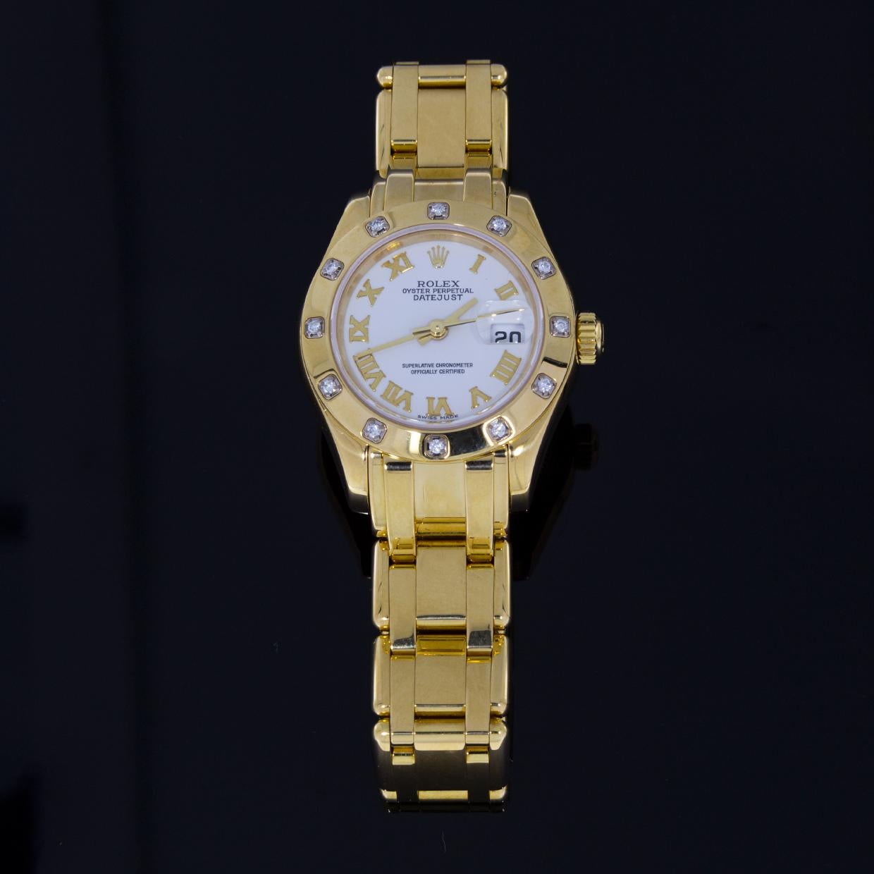 Round Cut Rolex Yellow Gold Ladies Pearlmaster Masterpiece Diamond Watch, Model 80318