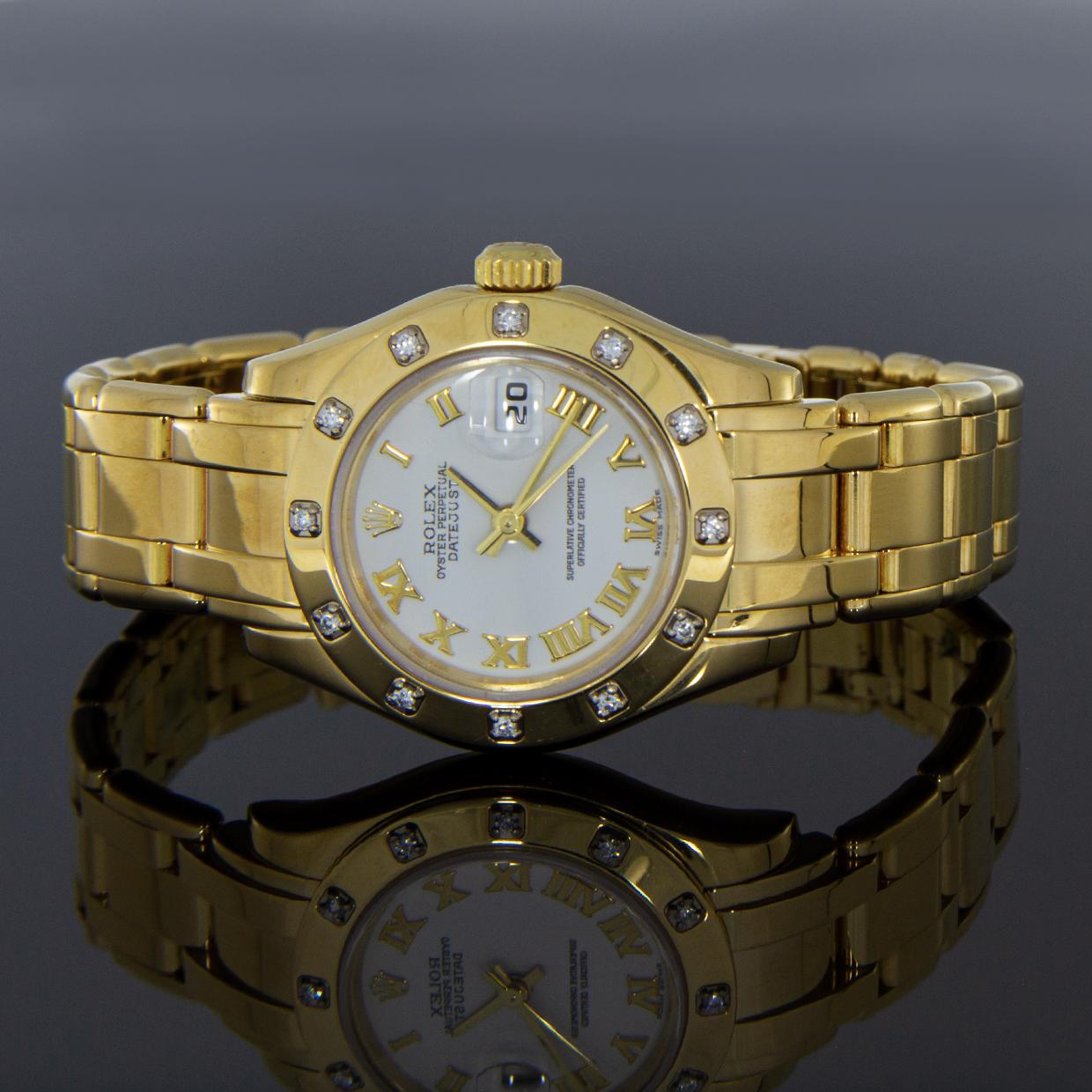 Rolex Yellow Gold Ladies Pearlmaster Masterpiece Diamond Watch, Model 80318 In Excellent Condition In Columbia, MO