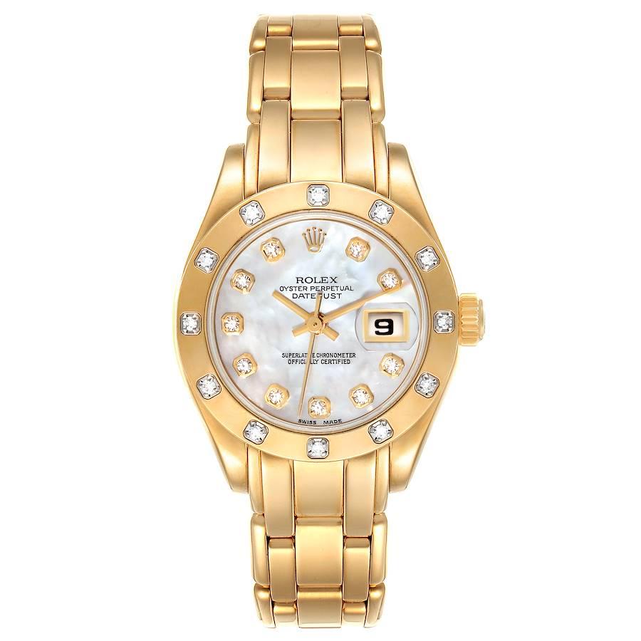 Rolex Pearlmaster Yellow Gold Mother of Pearl Diamond Ladies Watch 69318 Box Papers. Officially certified chronometer self-winding movement with quickset date function. 18k yellow gold oyster case 29.0 mm in diameter. Rolex logo on a crown. Original