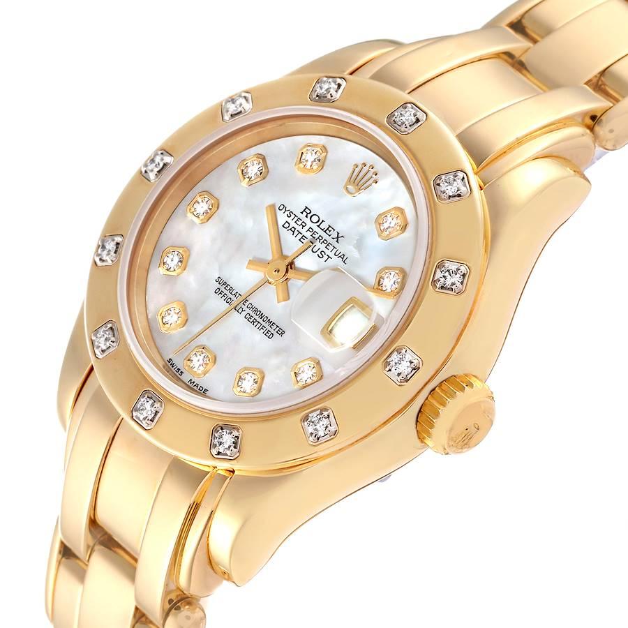 Rolex Pearlmaster Yellow Gold Mother of Pearl Diamond Ladies Watch 69318 Box In Excellent Condition In Atlanta, GA
