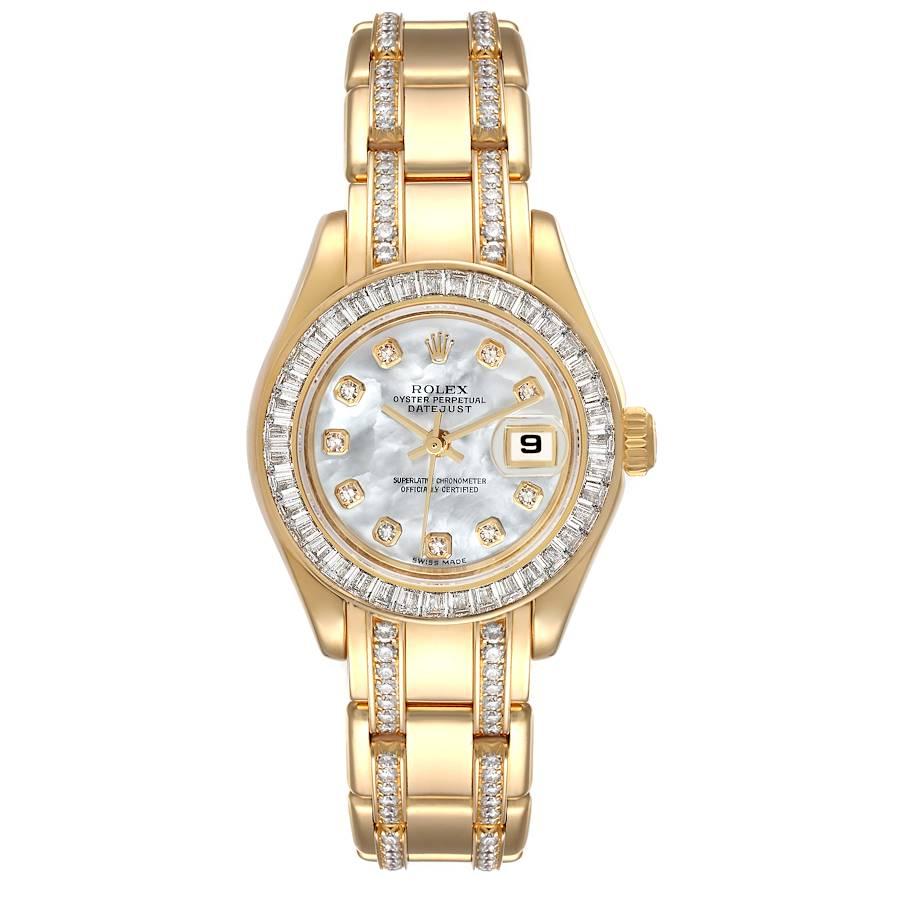 Rolex Pearlmaster Yellow Gold Two Row Diamonds Bracelet Ladies Watch 80308. Officially certified chronometer self-winding movement. 18k yellow gold oyster case 29.0 mm in diameter. Rolex logo on a crown. Original Rolex factory diamond bezel. Scratch