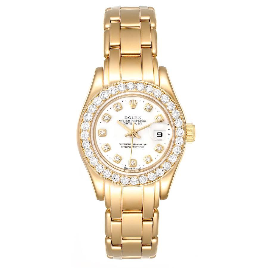 Rolex Pearlmaster Yellow Gold White Dial Diamond Ladies Watch 69298. Officially certified chronometer self-winding movement. 18k yellow gold oyster case 29.0 mm in diameter. Rolex logo on a crown. Original Rolex factory diamond bezel. Scratch