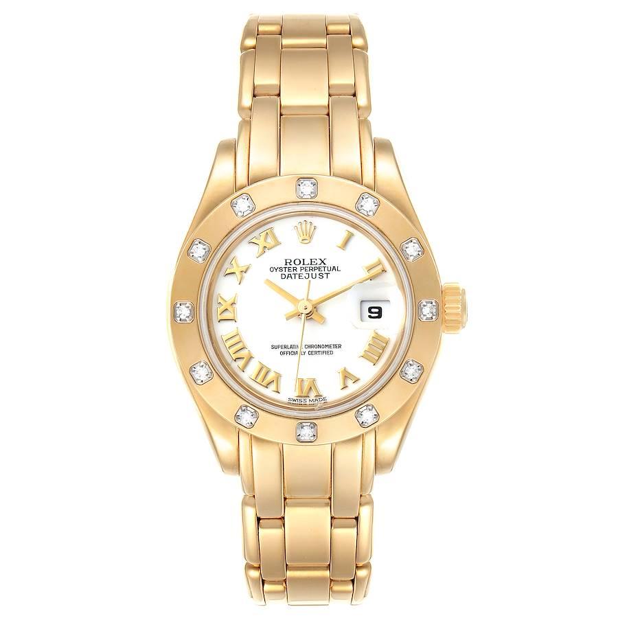 Rolex Pearlmaster Yellow Gold White Dial Diamond Ladies Watch 69318. Officially certified chronometer self-winding movement with quickset date function. 18k yellow gold oyster case 29.0 mm in diameter. Rolex logo on a crown. Original Rolex factory