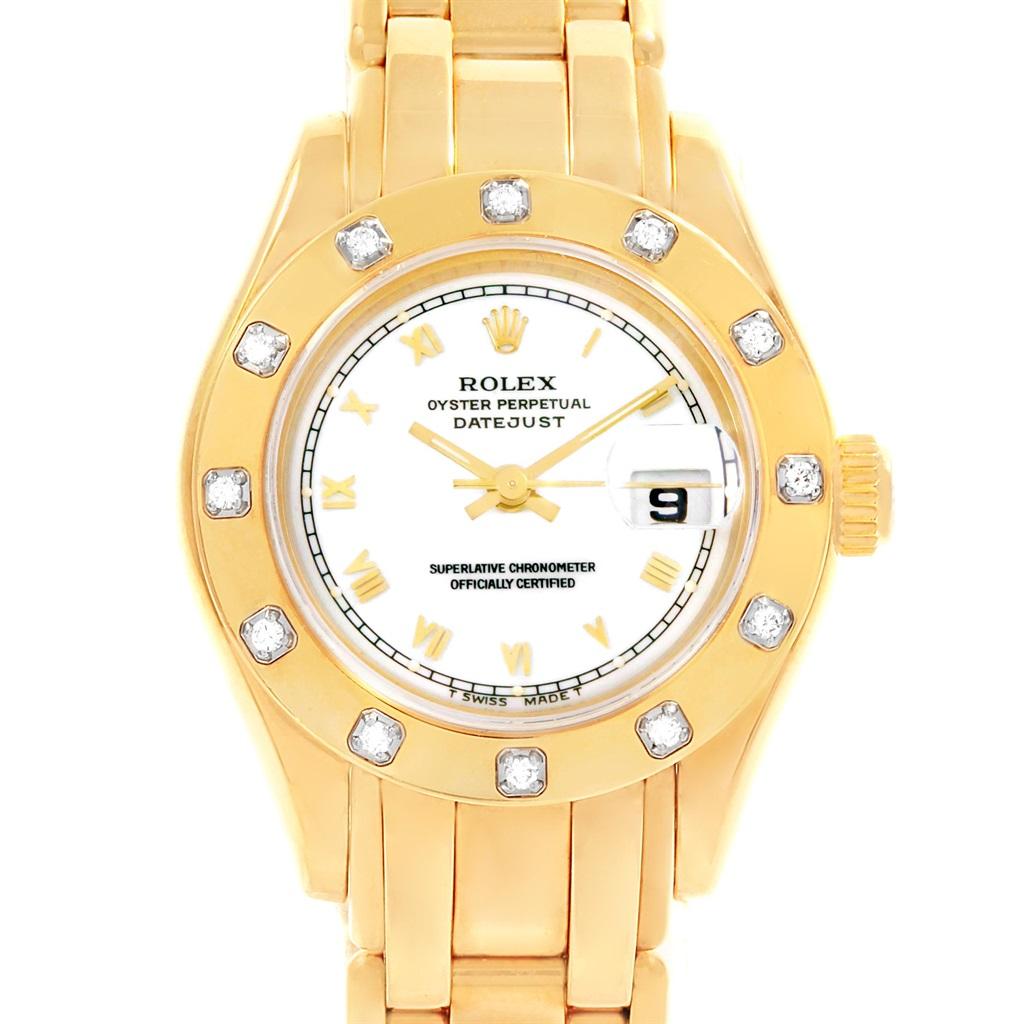 Rolex Pearlmaster Yellow Gold White Dial Diamond Ladies Watch 69318 For Sale