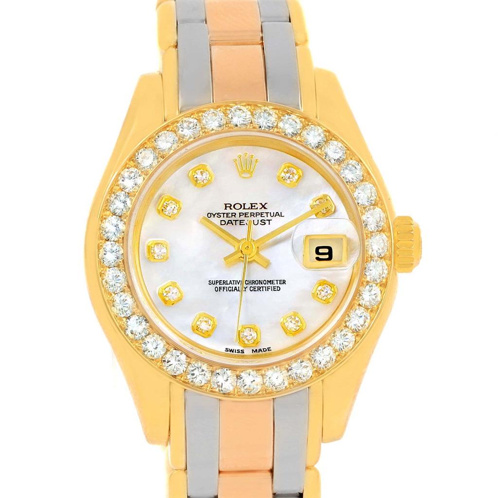 Rolex Pearlmaster Yellow White Rose Gold Tridor MOP Diamond Watch 69298. Officially certified chronometer self-winding movement with quickset date function. 18k yellow gold oyster case 29.0 mm in diameter. Rolex logo on a crown. Original Rolex