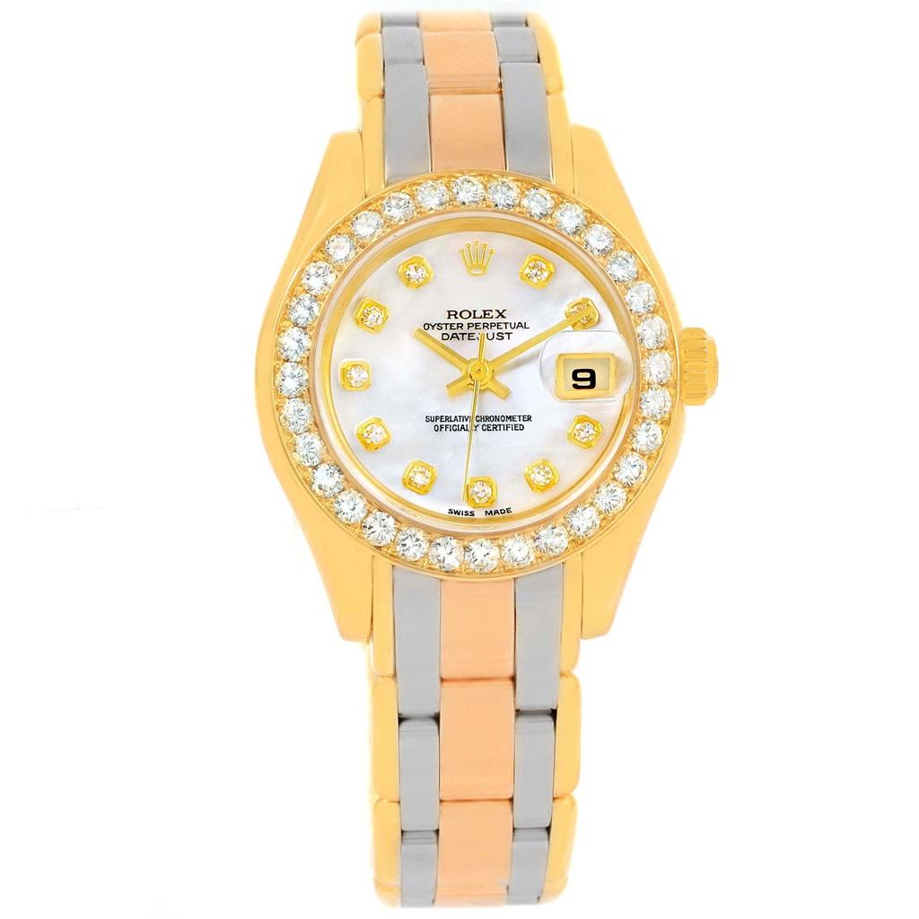 Rolex Pearlmaster Yellow White Rose Gold Tridor MOP Diamond Watch 69298 In Excellent Condition For Sale In Atlanta, GA