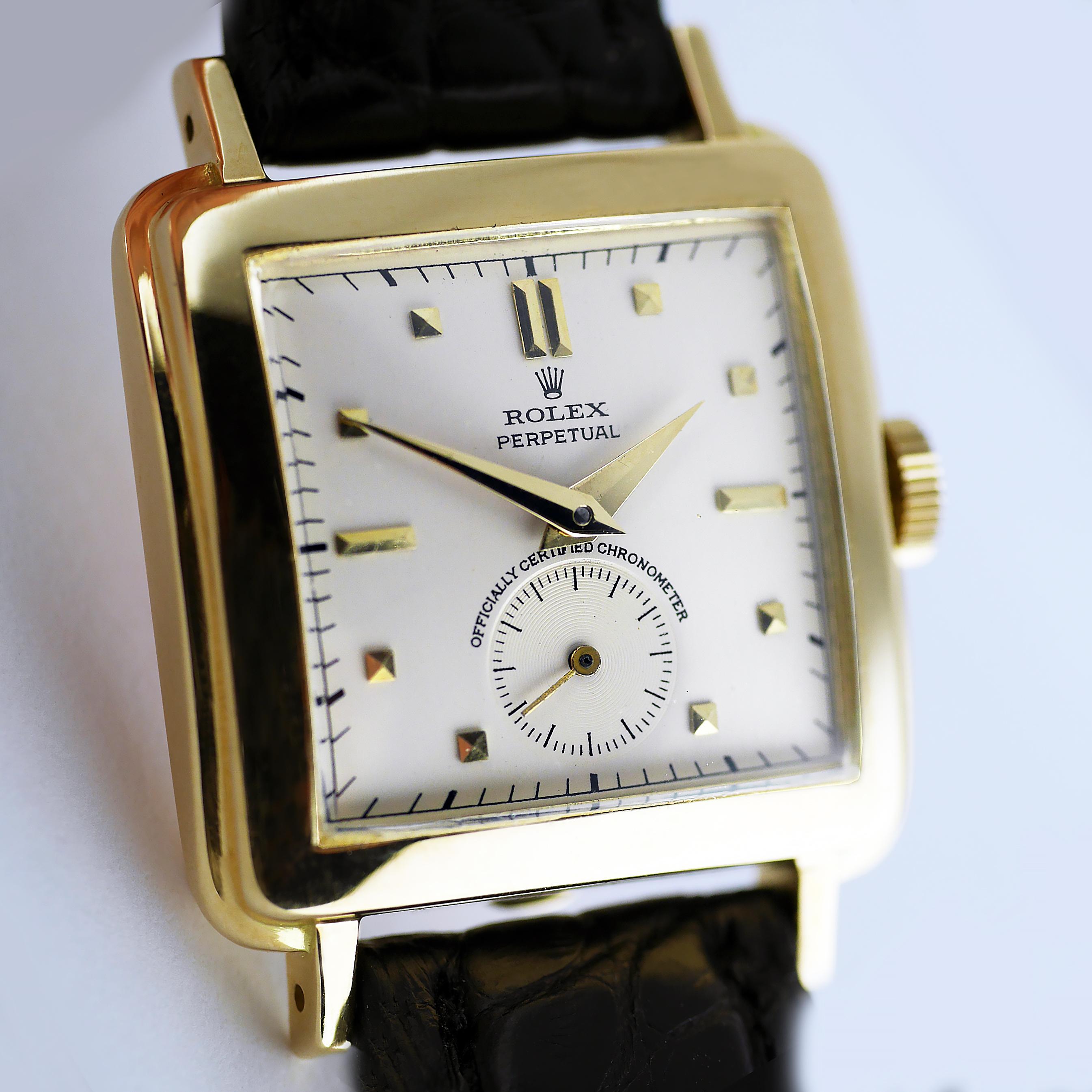 A rare and very well preserved vintage Automatic Perpetual wristwatch by Rolex Circa 1951.

18ct gold square cushion shaped case marked with Rolex and the “Rolex Crown” lozenge. The snap back 18ct gold case with Swiss hallmarks.

17-Jewel (Rubies)