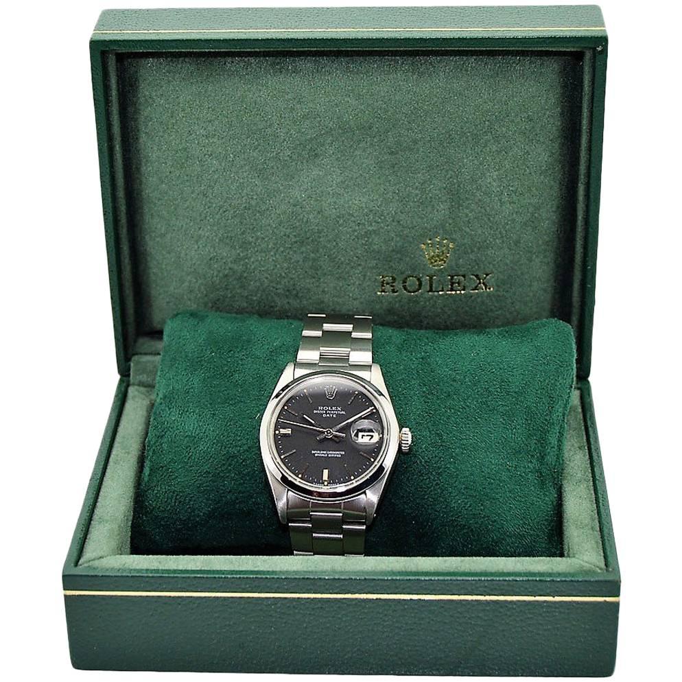 FACTORY / HOUSE: Rolex Watch Company
STYLE / REFERENCE: Oyster Perpetual Date / 1500
METAL / MATERIAL: Stainless Steel 
CIRCA: 1968 / 1969
DIMENSIONS: 41mm X 34mm
MOVEMENT / CALIBER: Perpetual Winding / 26 Jewels / 1570 
DIAL / HANDS: Original Black