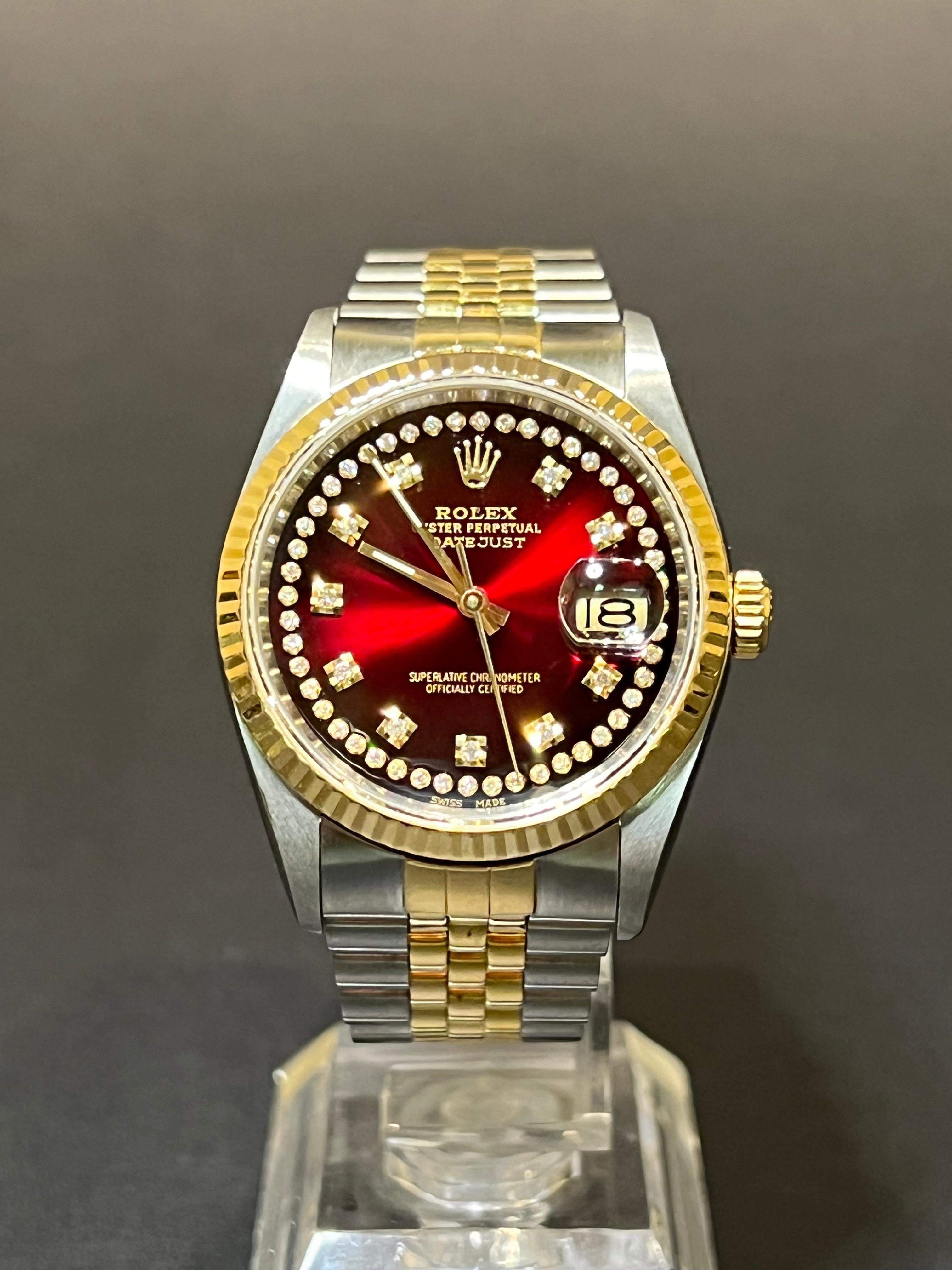 Oyster perpetual datejust 36 in oysterseel and yellow gold features a golden, fluted-motif dial and jubilee bracelet with a custom red vignette face.

DETAILS

Length: 8