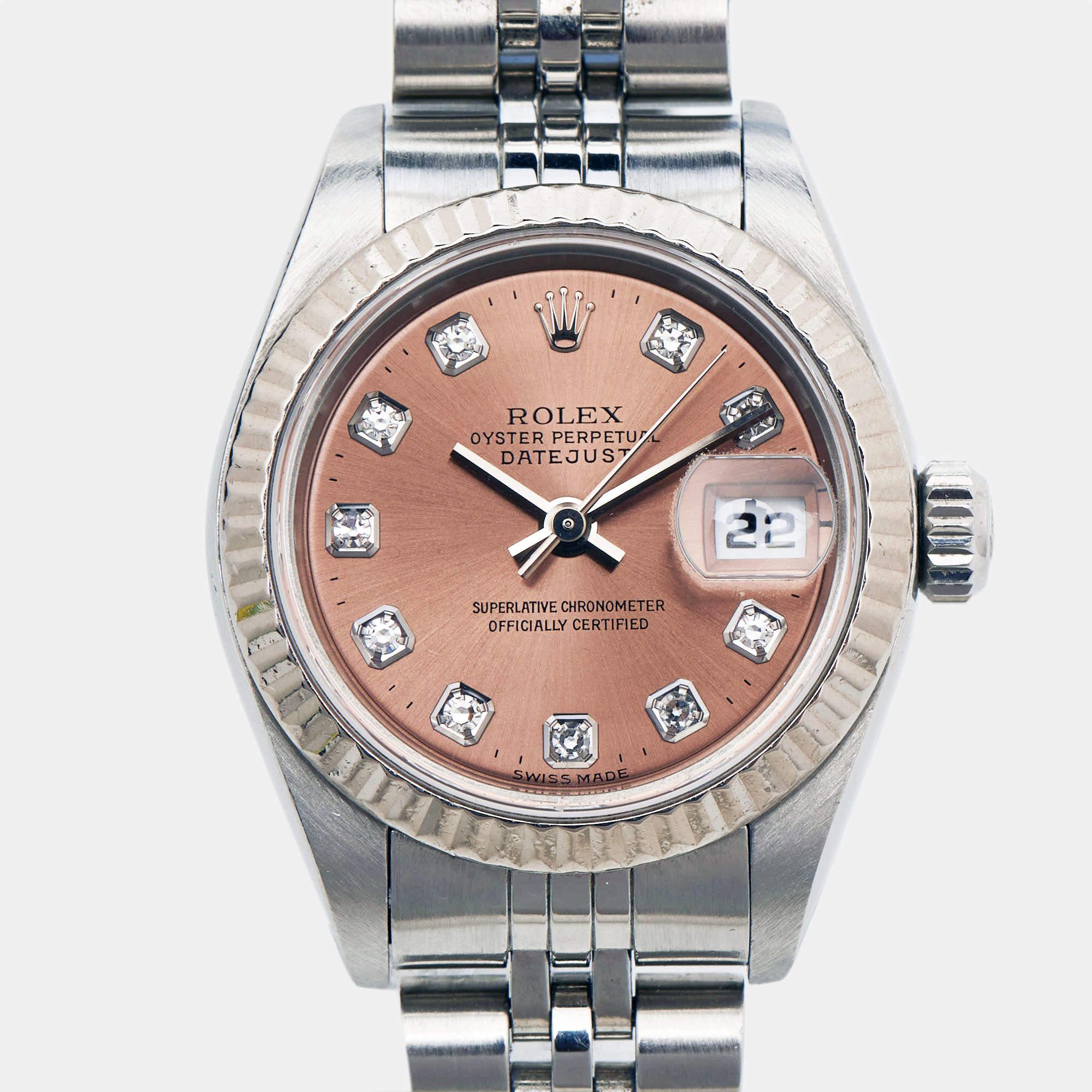 The Datejust is one of the most recognized and coveted watches from the house of Rolex. It has a distinct look and an irrefutable appeal. Crafted in stainless steel & 18k white gold and detailed with diamonds on the pink dial, this authentic Rolex