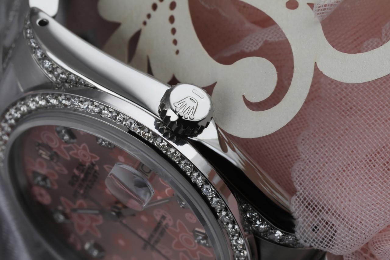 Rolex Pink Flower Datejust S/S Diamond on Side Band + Bezel & Lugs Watch 16014 For Sale 2