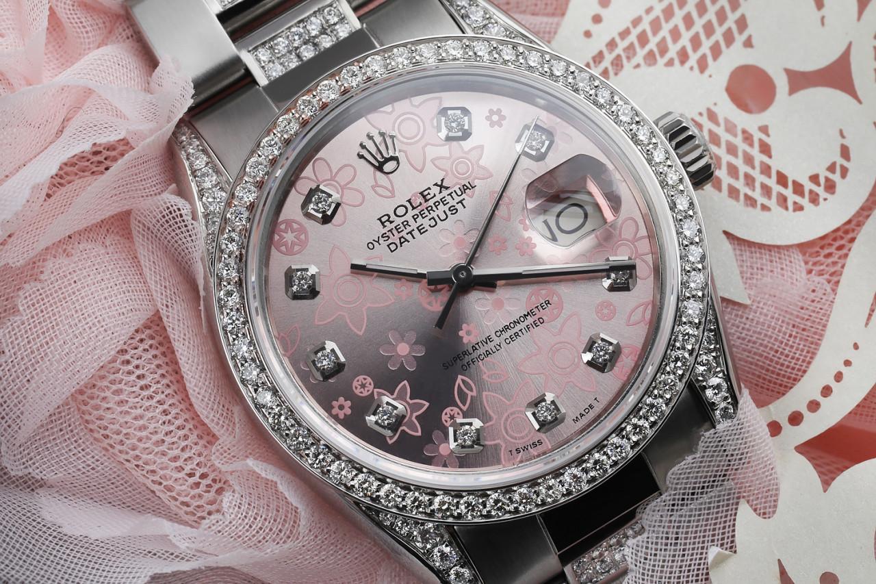 Rolex Pink Flower Datejust S/S Diamond on Side Band + Bezel & Lugs Watch 16014 For Sale 3