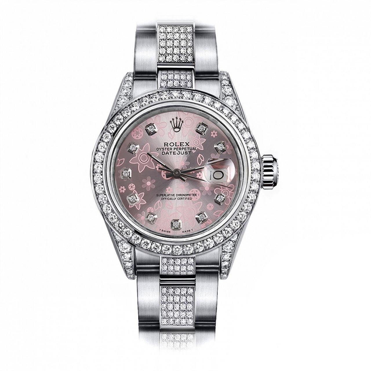 Rolex Pink Flower Datejust S/S Diamond on Side Band + Bezel & Lugs Watch 16014 For Sale 6