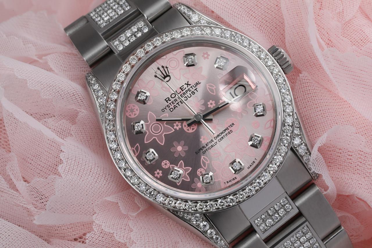 Men's Rolex Pink Flower Datejust S/S Diamond on Side Band + Bezel & Lugs Watch 16014 For Sale