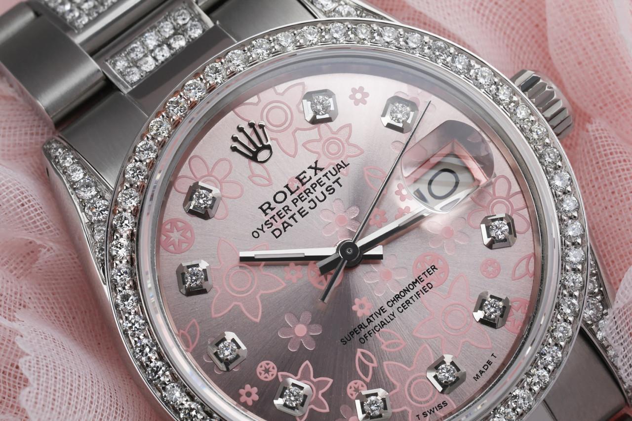 Rolex Pink Flower Datejust S/S Diamond on Side Band + Bezel & Lugs Watch 16014 For Sale 1