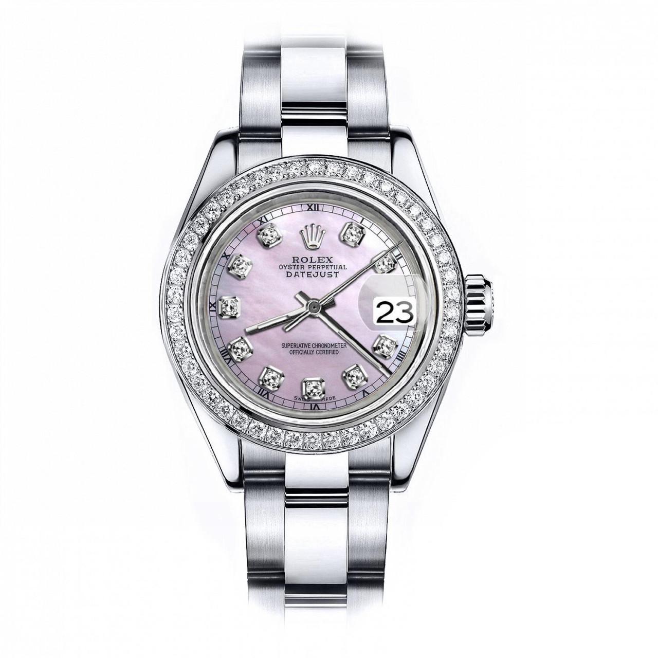 Taille ronde Rolex Montre Datejust en perles naturelles roses avec bracelet Oyster SS et lunette en diamants 69160 en vente