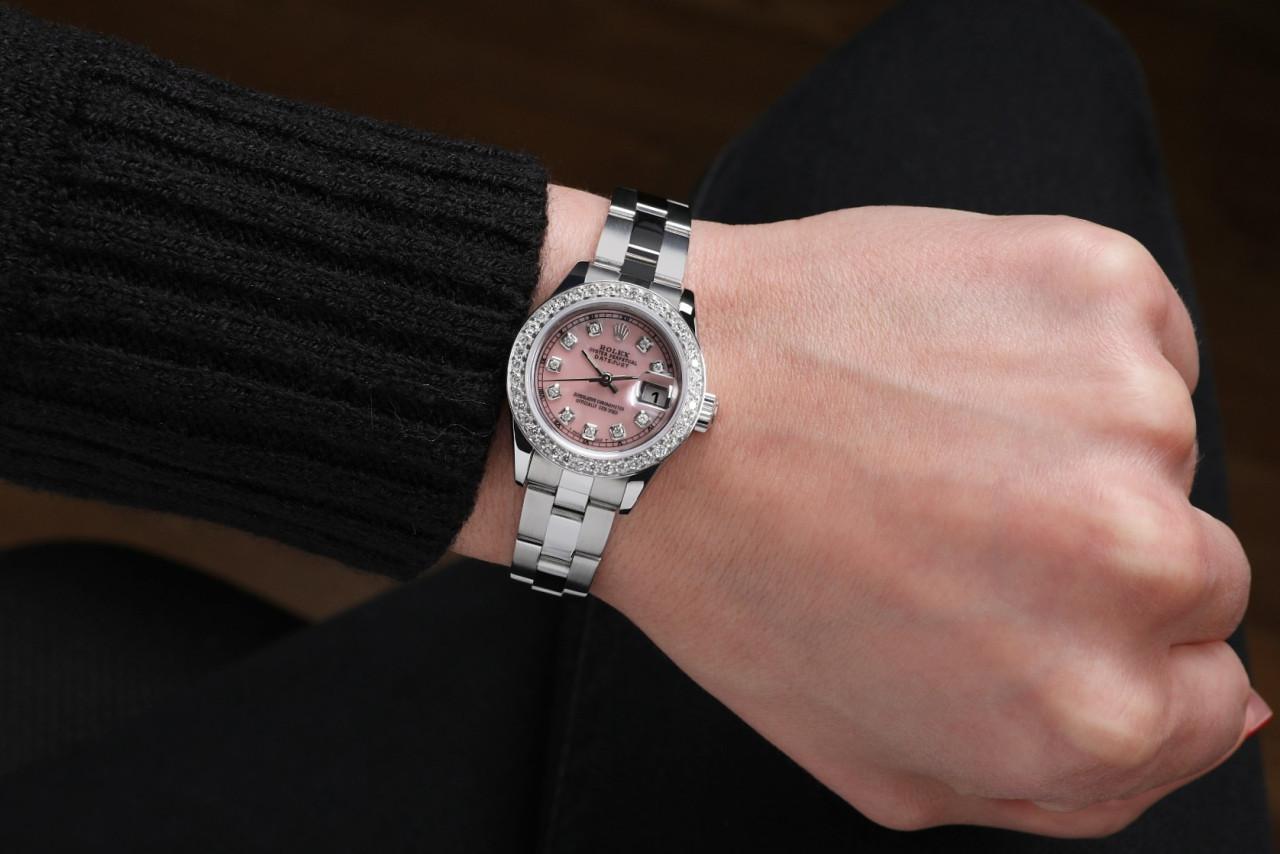 Rolex Montre Datejust en perles naturelles roses avec bracelet Oyster SS et lunette en diamants 69160 en vente 1