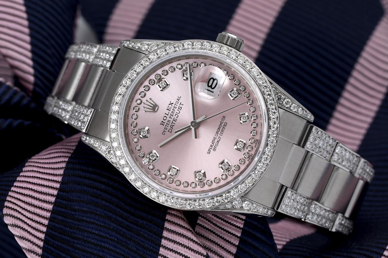 Rolex Pink String 36mm Datejust S/S Oyster Perpetual Diamond Side + Bezel & Lugs Watch 16030

This watch is in like new condition. It has been polished, serviced and has no visible scratches or blemishes. All our watches come with a standard 1 year