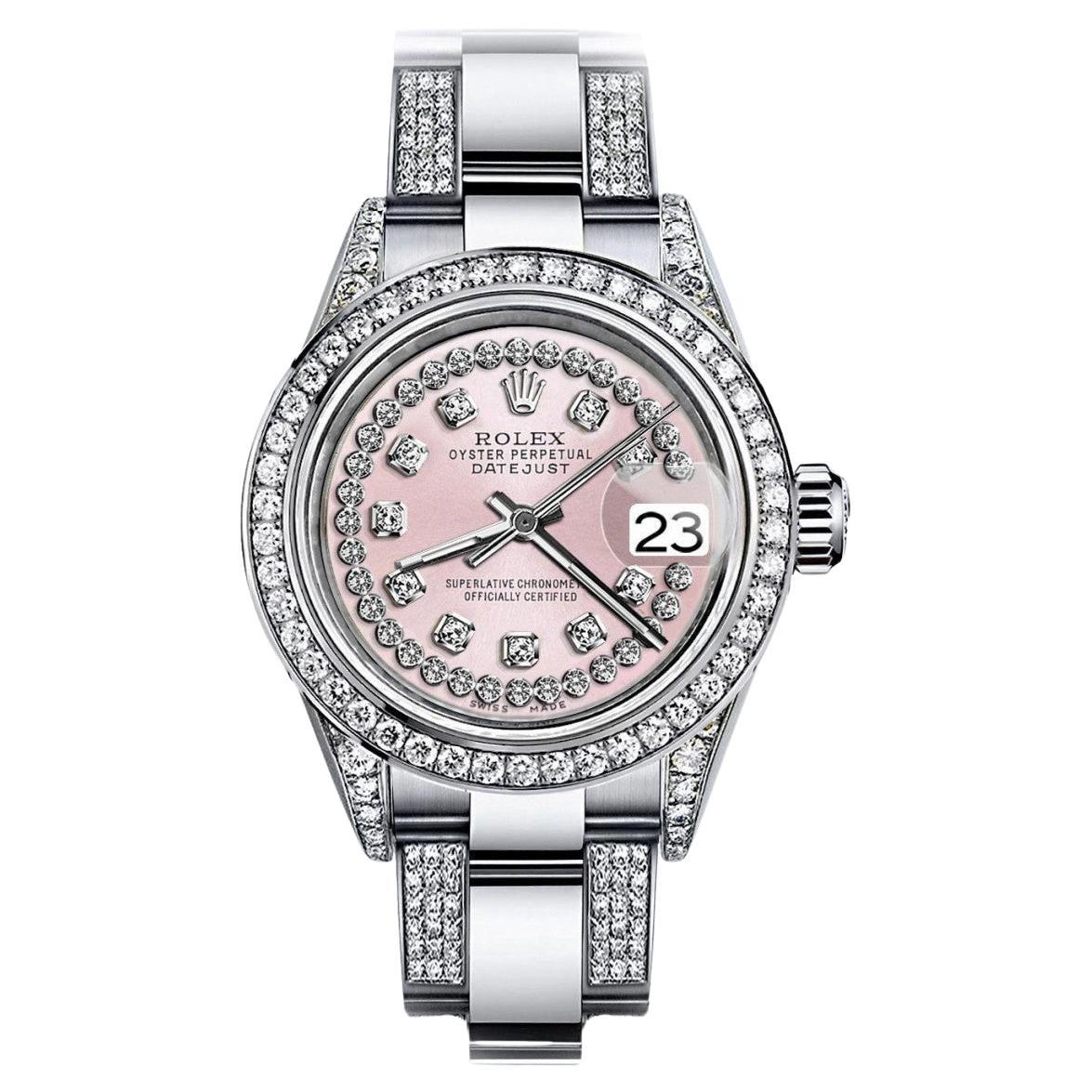 Rolex Pink String 36mm Datejust S/S Oyster Perpetual Diamond Side + Bezel Watch For Sale