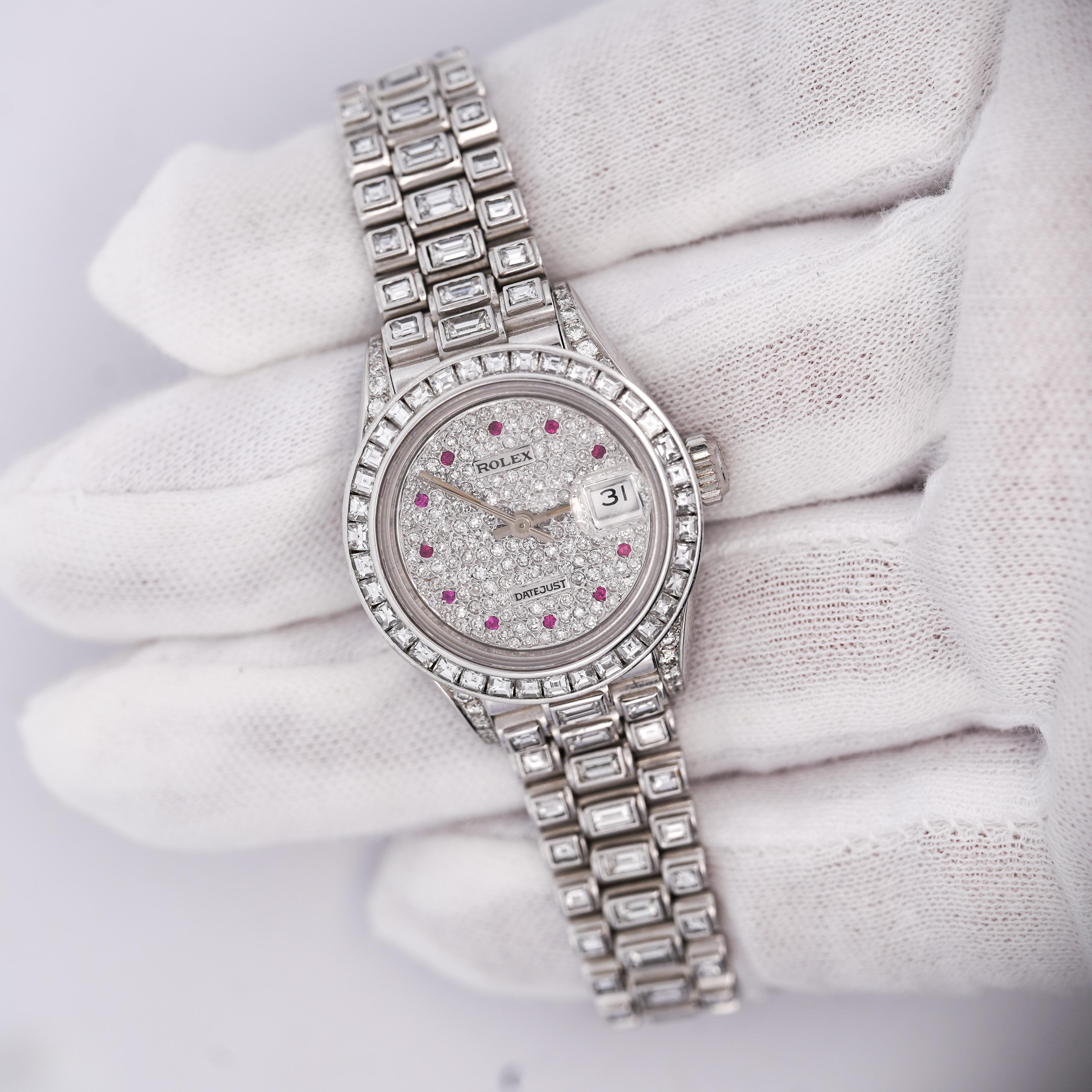 Emerald Cut Rolex Platinum DateJust Presidential 15 Carat Diamond 26mm Watch For Sale