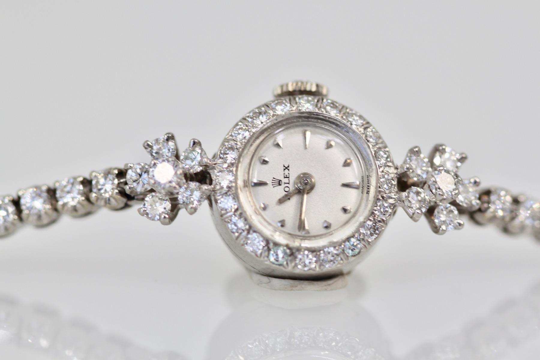 This Rolex Platinum Diamond Wristwatch is Circa 1960 and is gorgeous simple and timeless.  The watch has been serviced and a new crystal and the dial I had restored to perfection.  What I love about this watch is it looks like a diamond bracelet