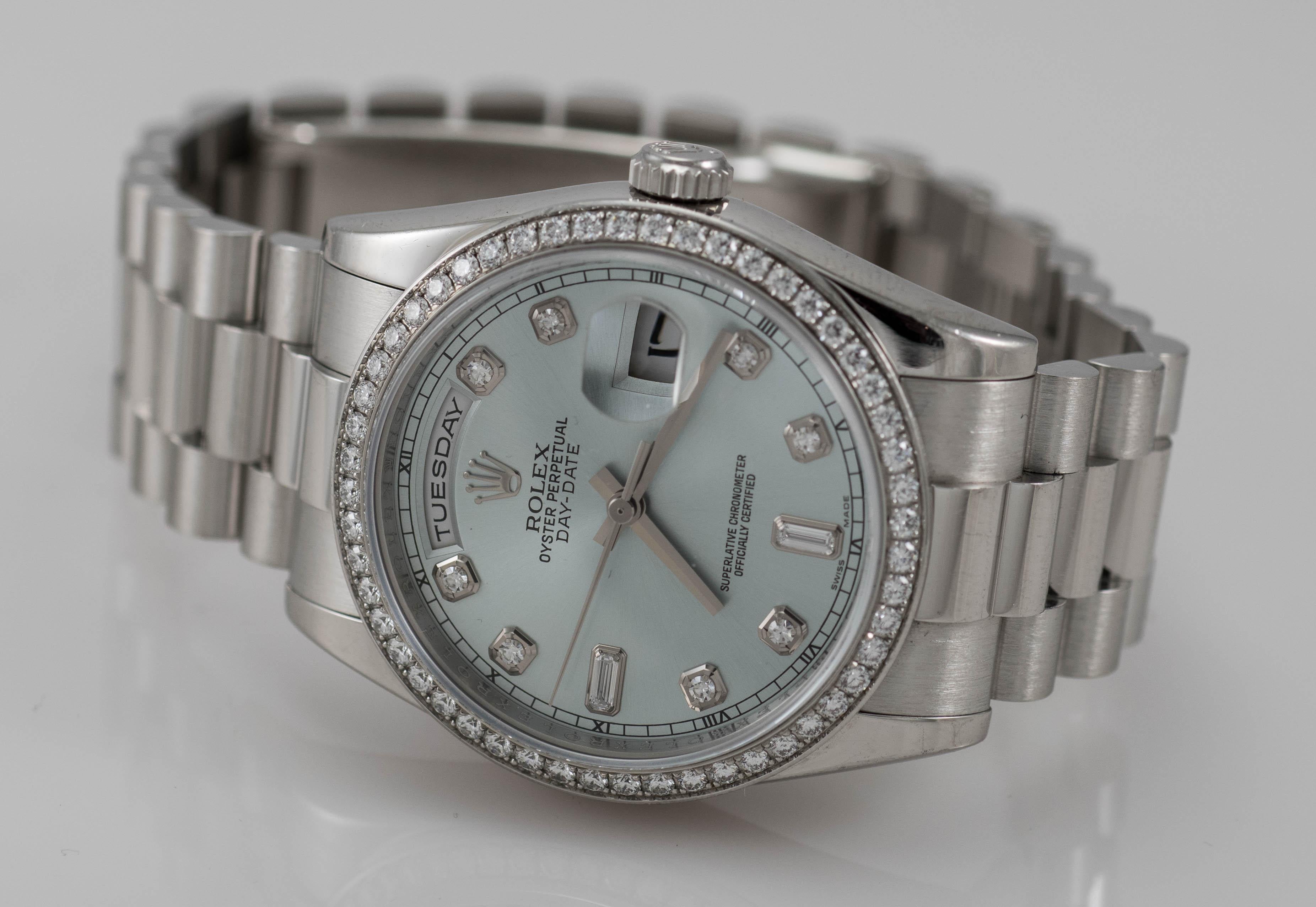 Rolex Platinum Ice Blue Diamond Day-Date 118346 Men’s Wristwatch with Box In Good Condition In Laguna Beach, CA