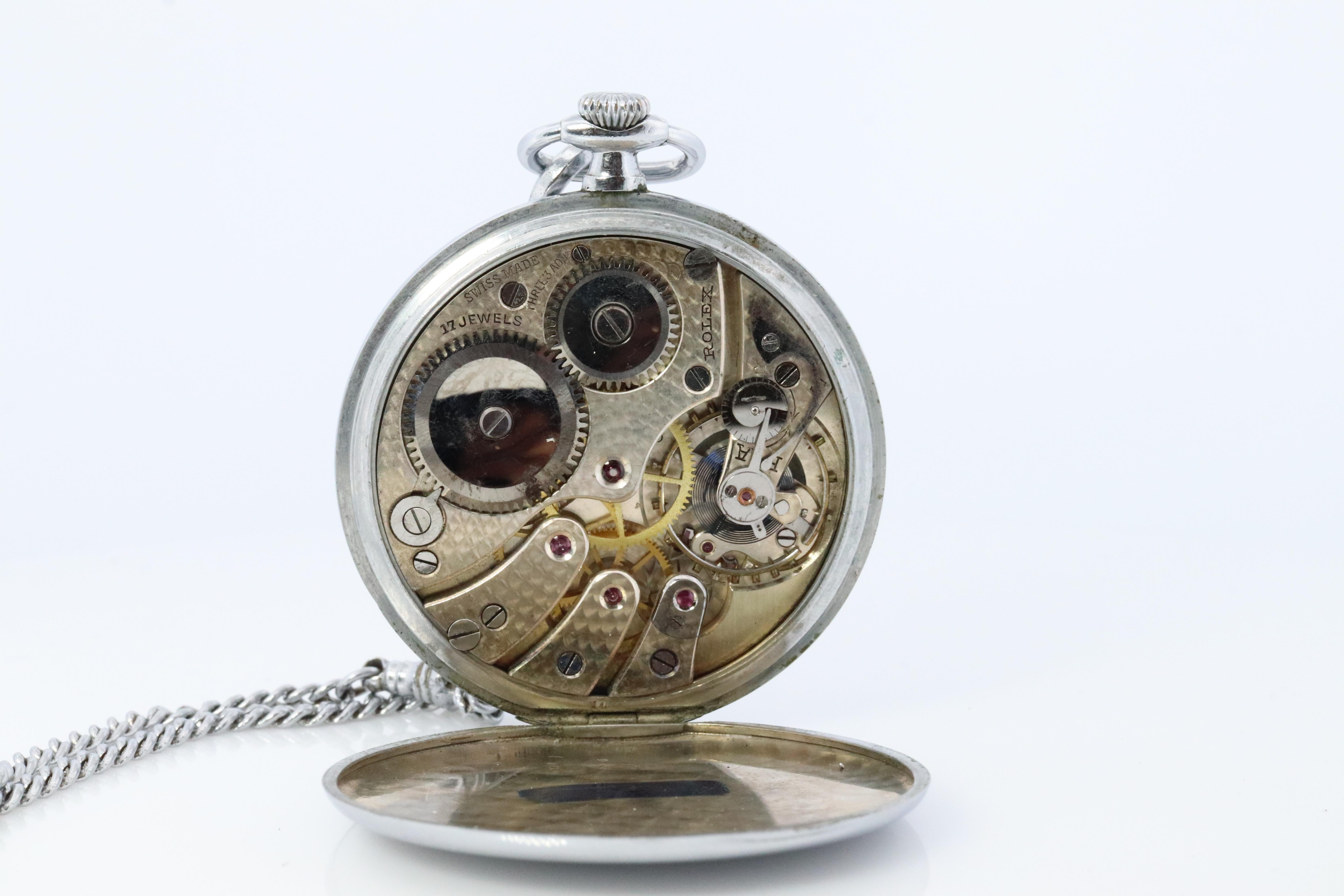 Antique Rolex Pocket Watch. 

Precision Lever 7 World's Records

Circa 1940s 

Serial comes back to be made in 1943.

Please refer to pictures to see the movement.

Condition: Winds up and ticks. Second hand moves smoothly. 

Details:
43.5mm by
