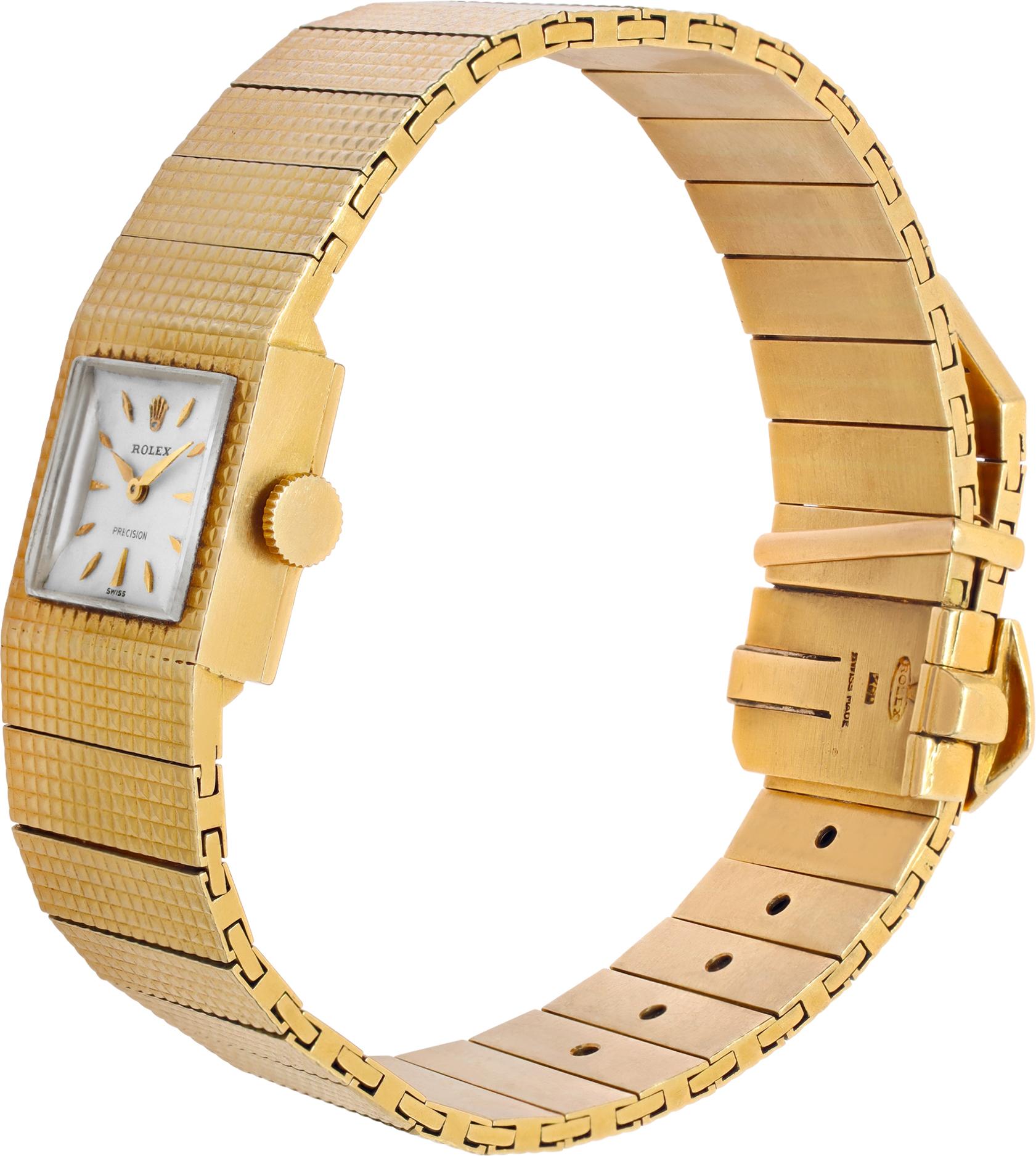 Vintage Rolex Precision in 18k yellow gold with pyramid link bracelet. Manual wind. 16 mm case size. Ref 9150. Fine Pre-owned Rolex Watch.

 Certified preowned Dress Rolex Precision 9150 watch is made out of yellow gold on a 18k bracelet with a 18k