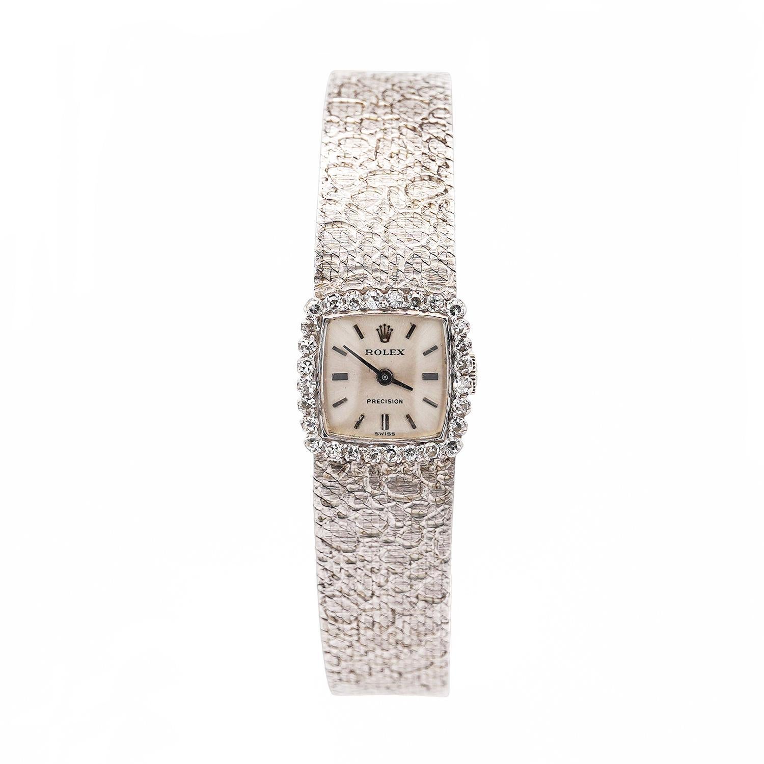 Rolex Precision 18K White Gold 18mm Diamond Bezel Watch For Sale 6