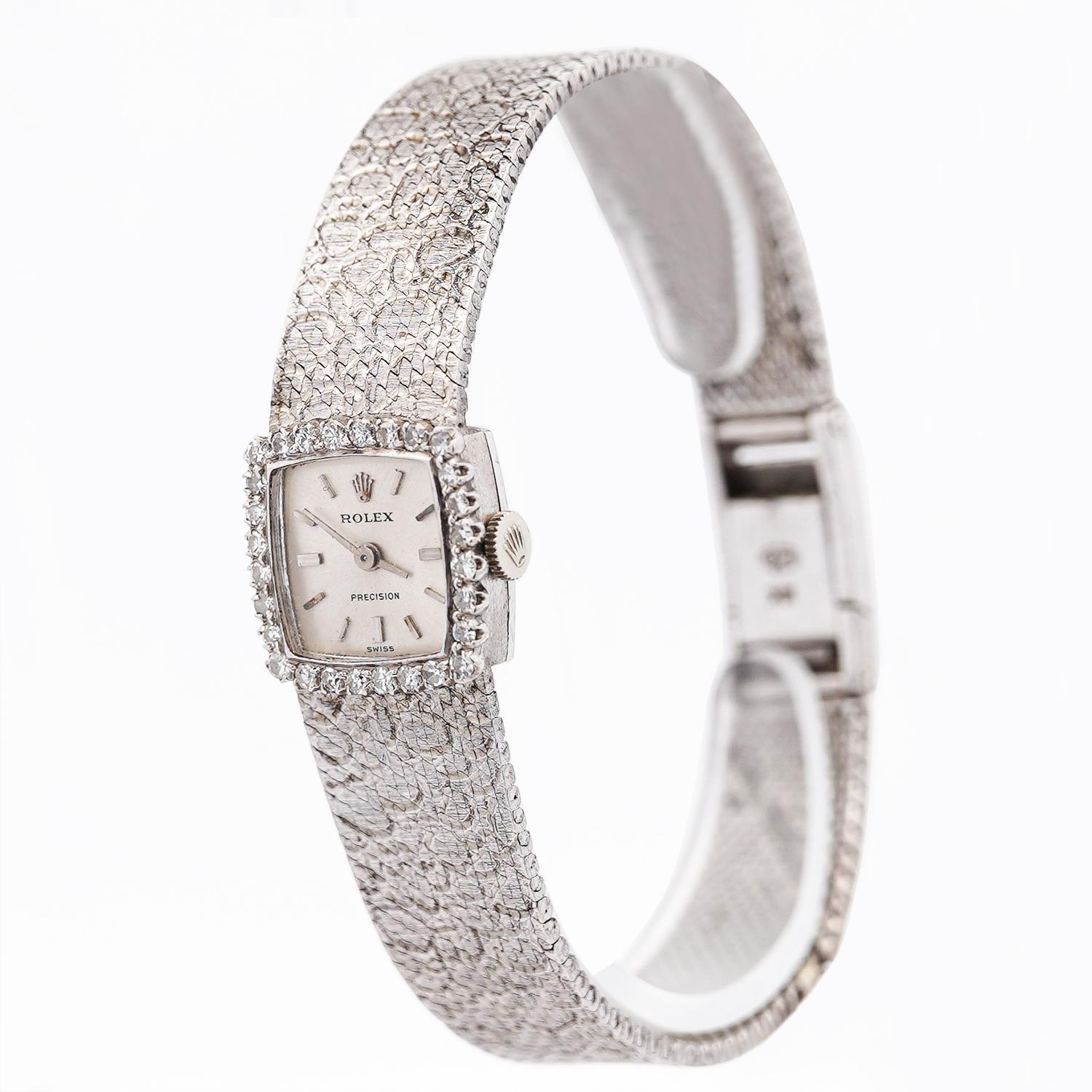 Rolex Precision 18K White Gold 18mm Diamond Bezel Watch For Sale 7