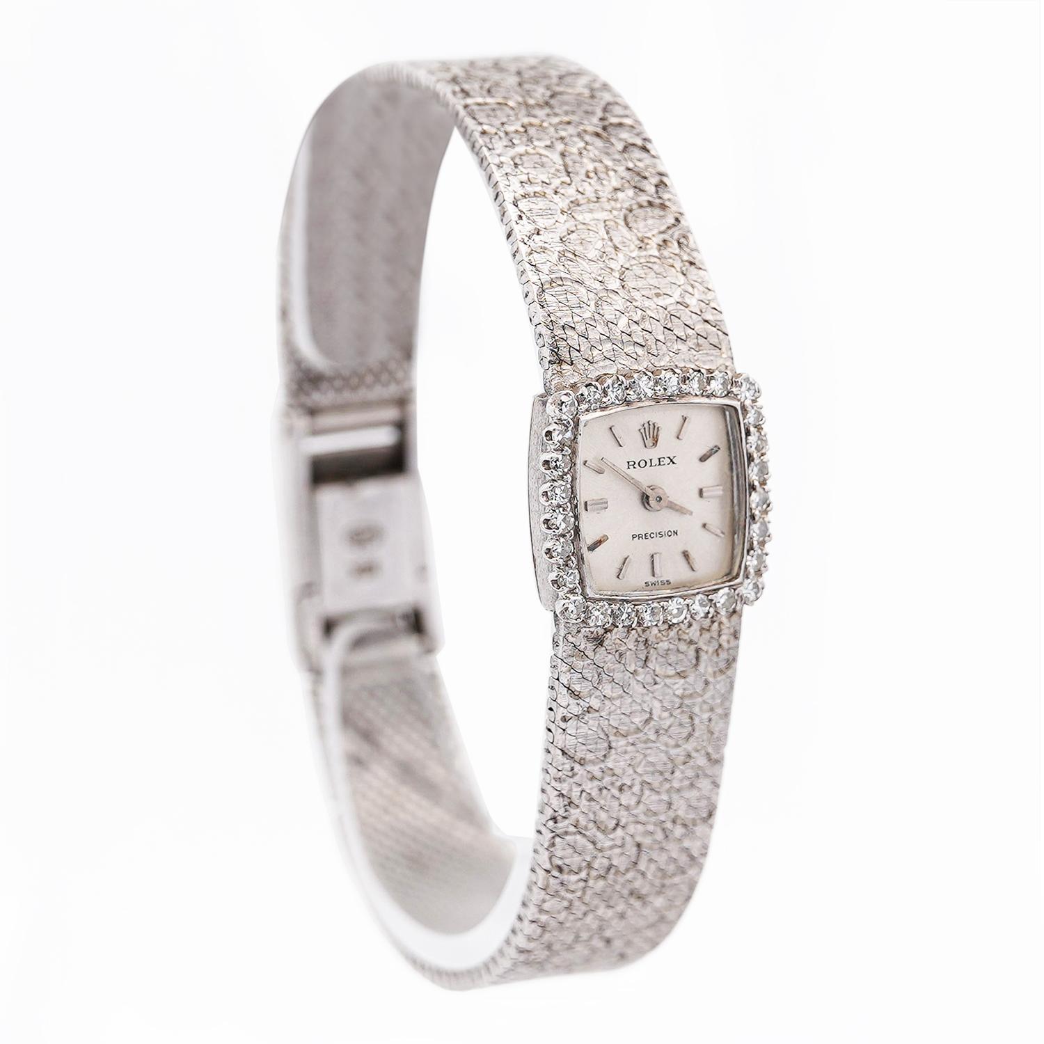 Rolex Precision 18K White Gold 18mm Diamond Bezel Watch For Sale 3