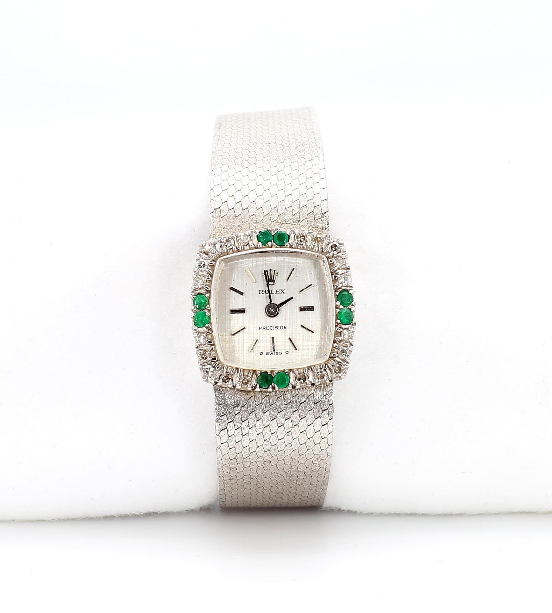De las mujeres Reloj Rolex de precisión con bisel de esmeraldas y diamantes en oro blanco de 18 quilates y brazalete esmerilado en venta