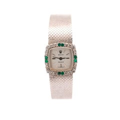 Rolex Precision Emerald & Diamond Bezel 18K White Gold Frosted Bracelet Watch