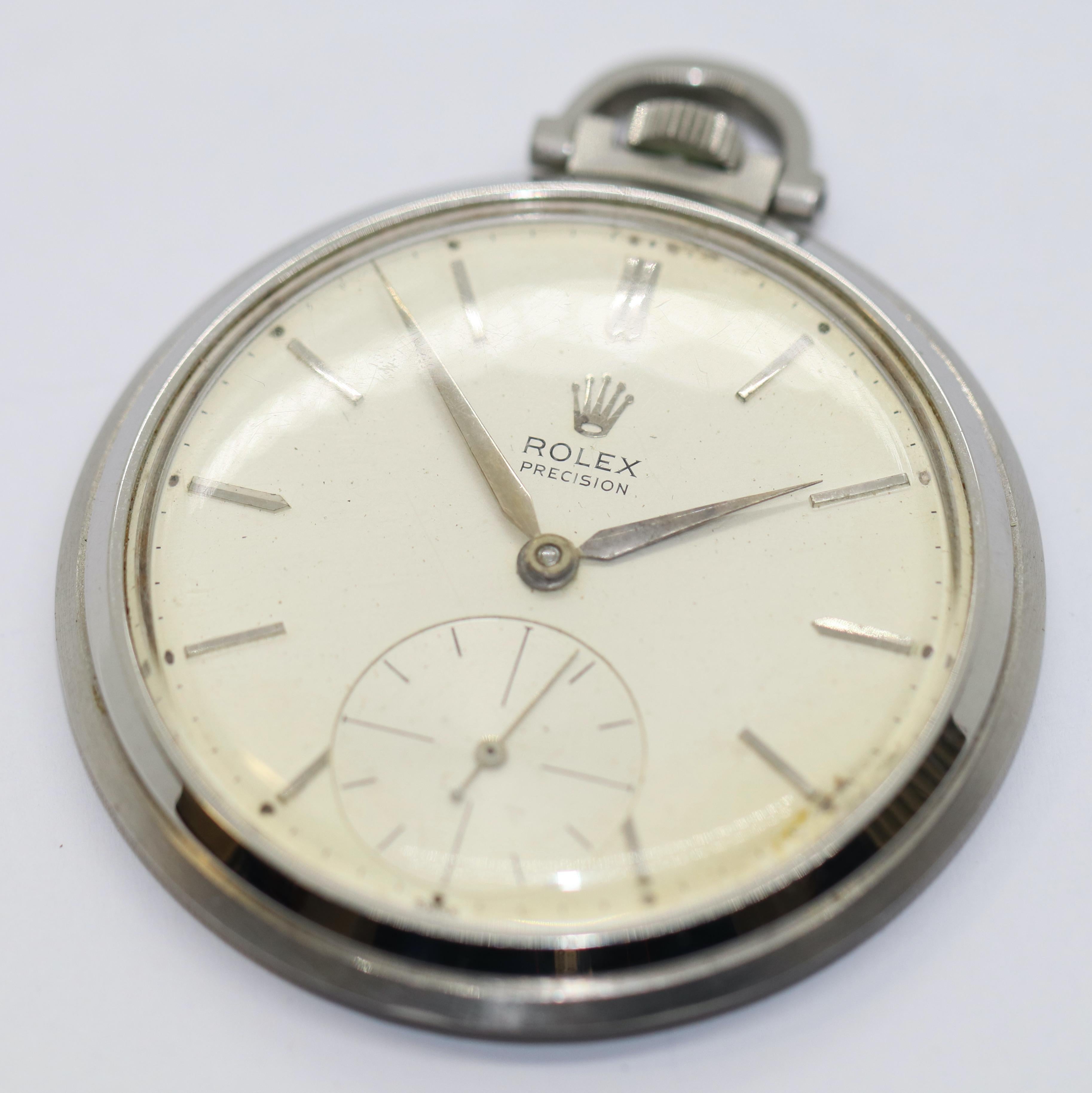 Rolex Precision Ref. 3400 Openface, Keyless Lever Pocket Watch, Stainless Steel In Fair Condition For Sale In Berlin, DE