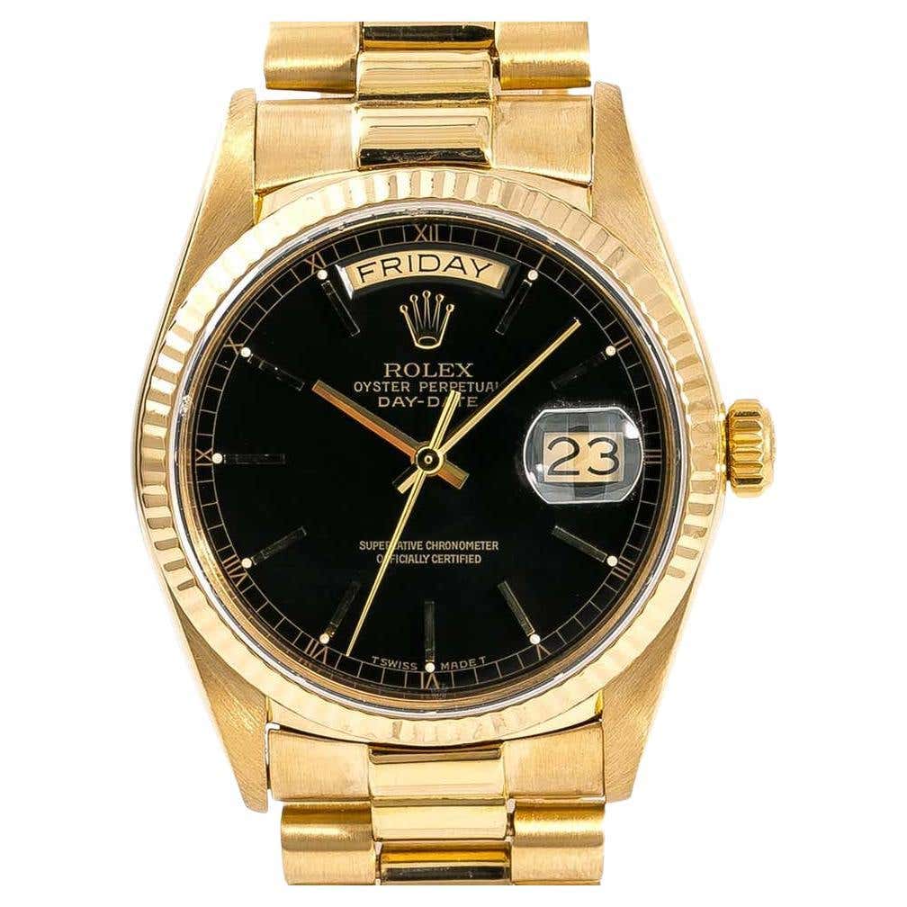 18038 Rolex President 18038 Day-Date Yellow Gold Black Stick at 1stDibs ...