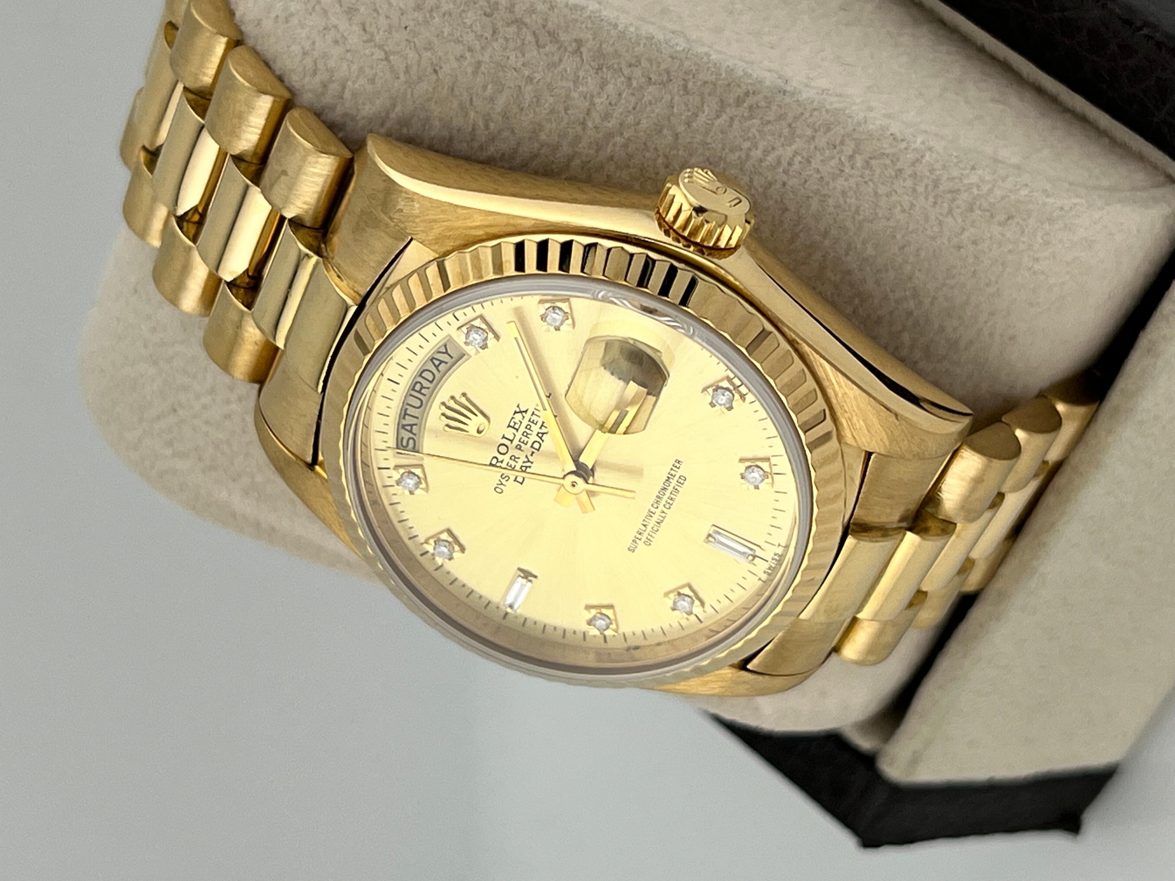 Rolex Präsident 18038 Tagesdatum Champagner-Diamant-Zifferblatt 18K Gelbgold 36mm im Zustand „Hervorragend“ in San Diego, CA
