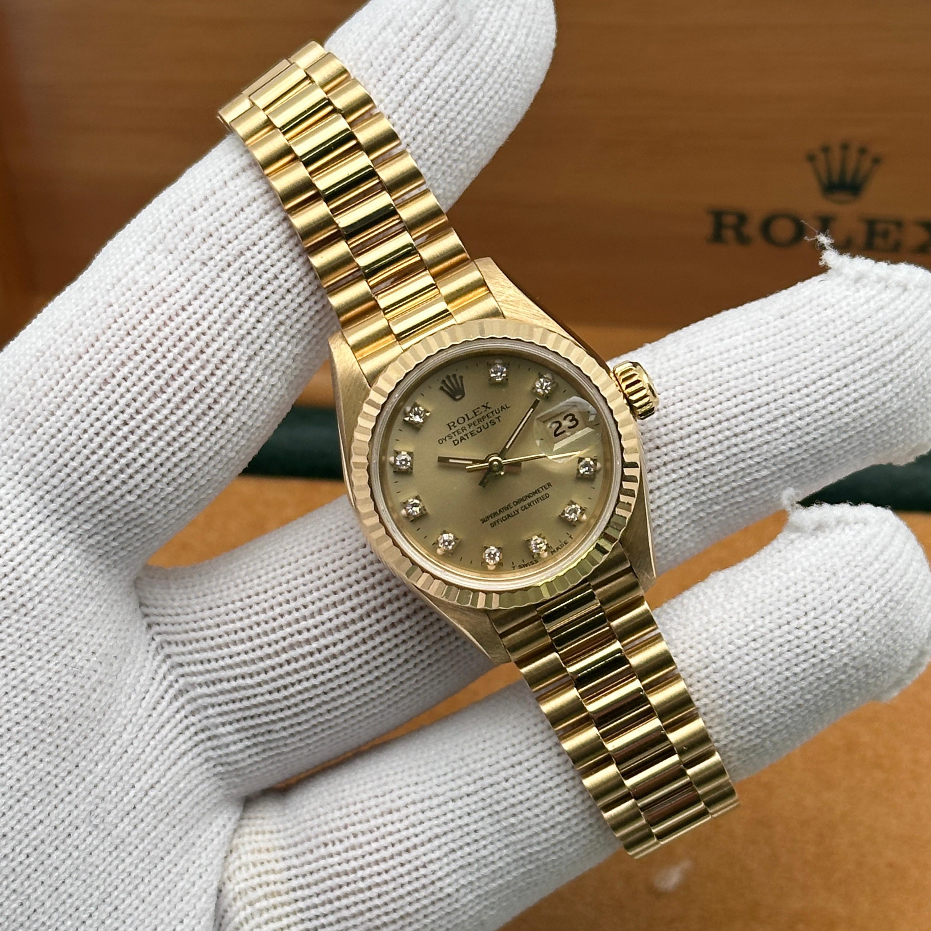 Rolex President 18K Yellow Gold Champagne Diamond Dial Watch 69178G Excellent For Sale 10